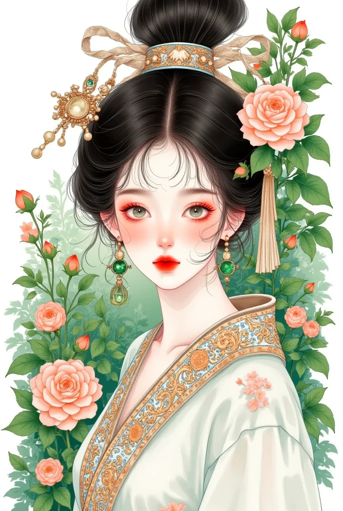 An illustration of an elegant woman（main body，Can be replaced with another） with black hair and green eyes, wearing earrings shaped like leaves and flowers in her ear lobes. She is dressed in traditional attire featuring intricate patterns inspired by nature, such as peonies or birds. The background features lush foliage and trees, creating a harmonious blend between the opulence of ancient China and its connection to natural beauty. The illustration is in the style of colored pencil. 