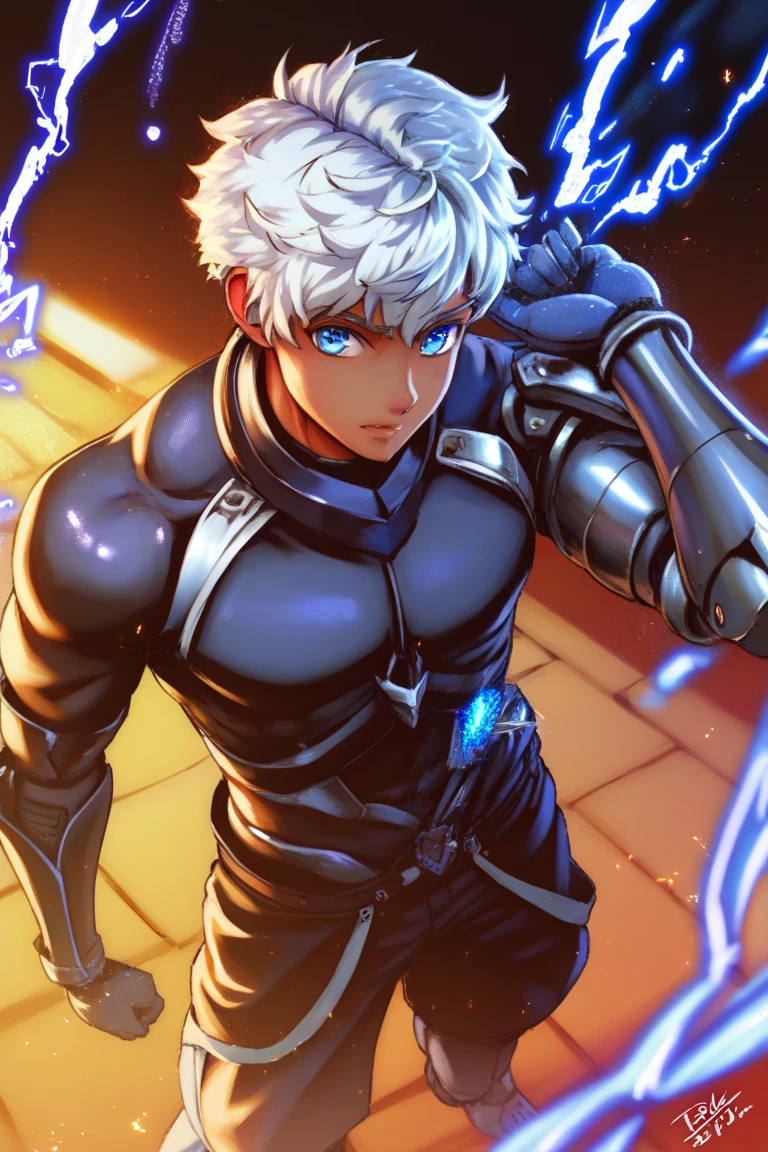 ultra detailed, HDR, master piece, best quality, cinematic angle, motion lines, focus male, extremely detailed, detailed eyes, detailed hands, dark skin male, whole body, muscle, full mechanical body, thong, white hair, expressive blue eyes, solo, bulge, cyber arms, mechanized lower body, shirtless, night city back ground, blue lightning, posing, looking at viewer, 