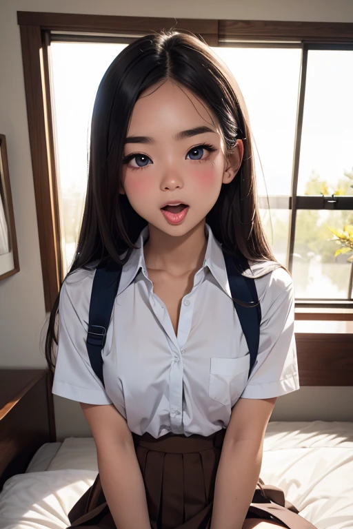 ((nsfw)),girl,cute,,close eyes,open mouth,tongue,saliva,nose blush,1 faceless man penis near face,licking,long brown straight hair,ear pierce, thin eyebrows,Japanese, small breasts,sagging breasts,cleavage,dark blue eyes,collared shirt, pleated skirt, school uniform, bow,on bed,put hands on chest,Point of view