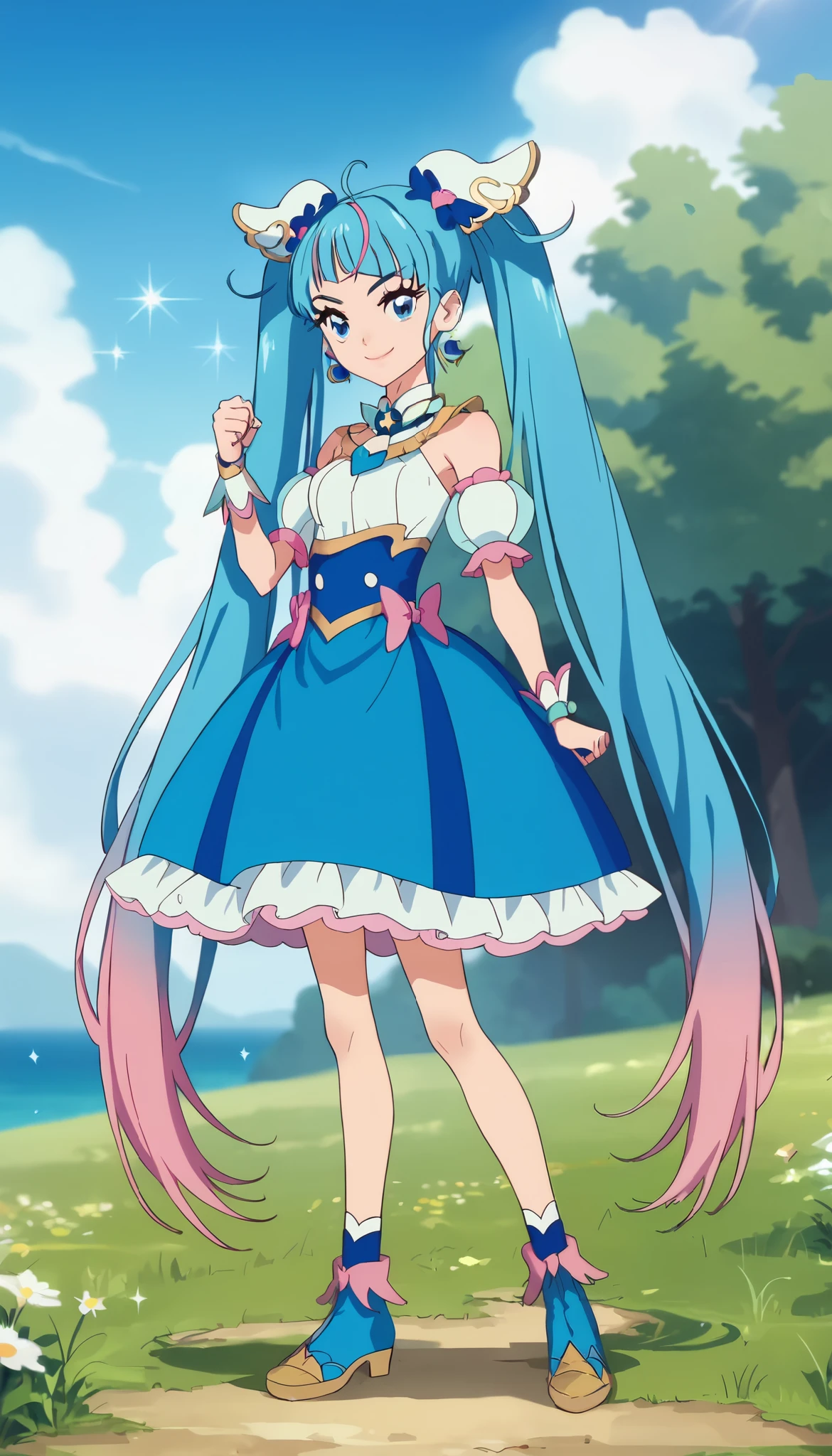 score_9, score_8_up, score_7_up, source_anime, anime screencap, 1girl, solo, outdoors, day, sky, curesky, hair ornament, earrings, brooch, multicolored clothes, puffy detached sleeves, blue eyes, symbol in eyes, multicolored hair, blue hair, pink hair, twintails, very long hair, medium chest, bare shoulders, looking at viewer, eye contact with viewer, natural face, closed mouth,raise up fist  ,glossy lips , from front, full body,smile face,sparkles, glitters, sky blue storm background,