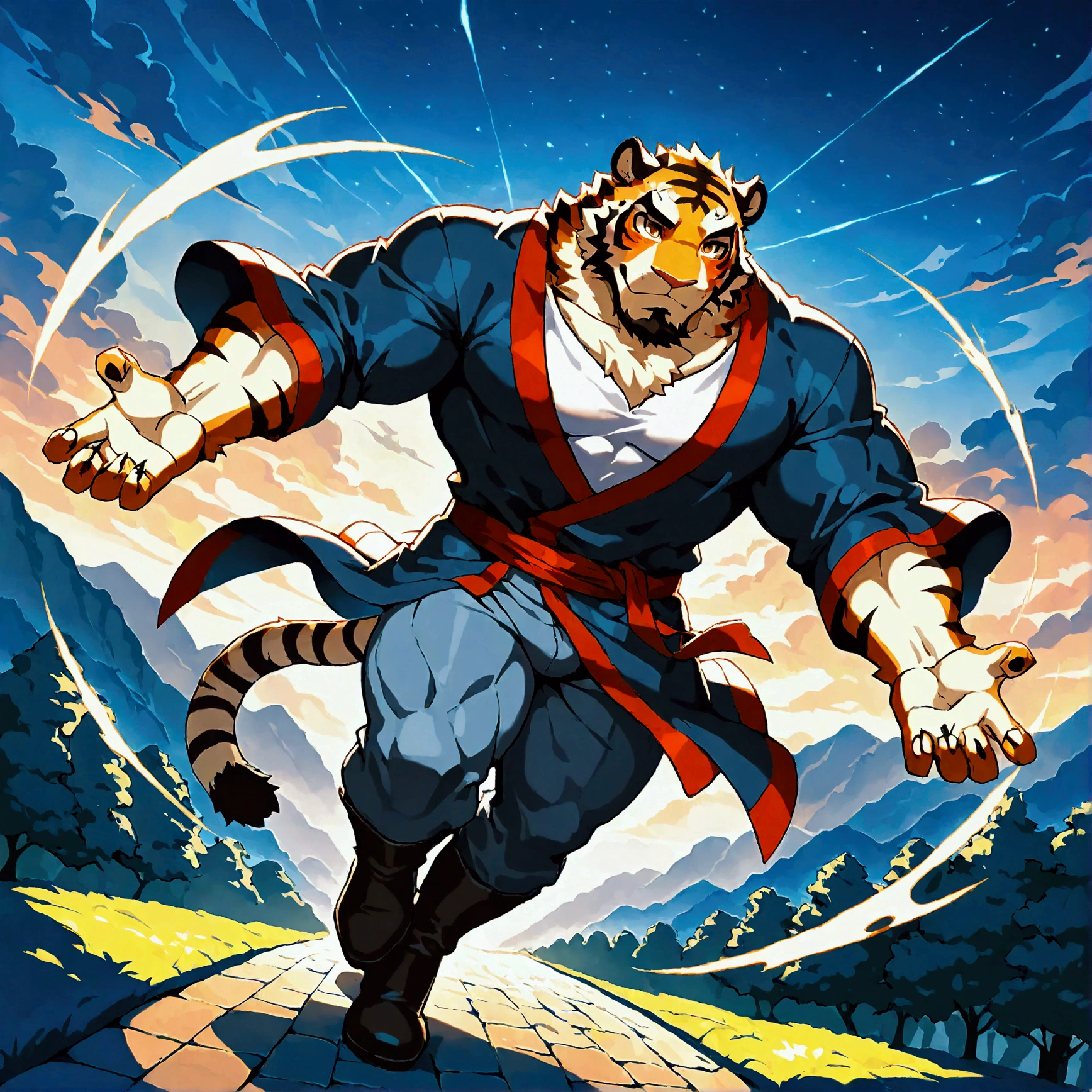 character focus, full body, looking away, dynamic angle, european fantasy, wizard, a muscular middle-aged tiger man, heroic costume clothes, robe, shirt, pants, casting thunder magic, spark effect, dynamic pose, BREAK complete anatomy, perfect proportions, beautiful thigh gap, fluffy body, intricate fur details, beautiful fur texture, BREAK a detailed tiger 1tail, detailed boots, detailed foot, detailed hands, 5fingers, 5fingers nails, BREAK aesthetic anime face, insanity detailed face, male face, big face, square jawline, aesthetic anime eyes, detailed brown eyes, detailed brown cornea, detailed dark brown irises, detailed pupils, male eyes, big eyes, male eyebrows, innocent look, beautiful beard, BREAK full body in Michelangelo Buonarroti style, digital illustration anime, housamo style, detailed painting landscape, moonlit night, old castle, path, outdoor, full color, HDR, BREAK masterpiece, official art, best quality, very aesthetic, absurdres, super fine illustration, great quality, BREAK noise reduction, very highres, large filesize, high quality, 32K, 8k wallpaper, dynamic lighting, BREAK insanity detailed, ultra detailed, intricate details, extremely detailed, detailed texture, an extremely delicate and beautiful, BREAK osukemo, e621 illustration, kemohomo, anthropomorphic, furry, cartoon, harmonious body, pastoral face, virtuous eyes, epic atmosphere