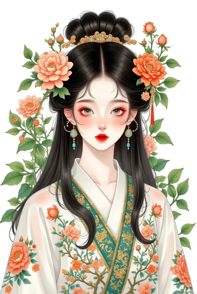 An illustration of an elegant woman（main body，Can be replaced with another） with black hair and green eyes, wearing earrings shaped like leaves and flowers in her ear lobes. She is dressed in traditional attire featuring intricate patterns inspired by nature, such as peonies or birds. The background features lush foliage and trees, creating a harmonious blend between the opulence of ancient China and its connection to natural beauty. The illustration is in the style of colored pencil.
