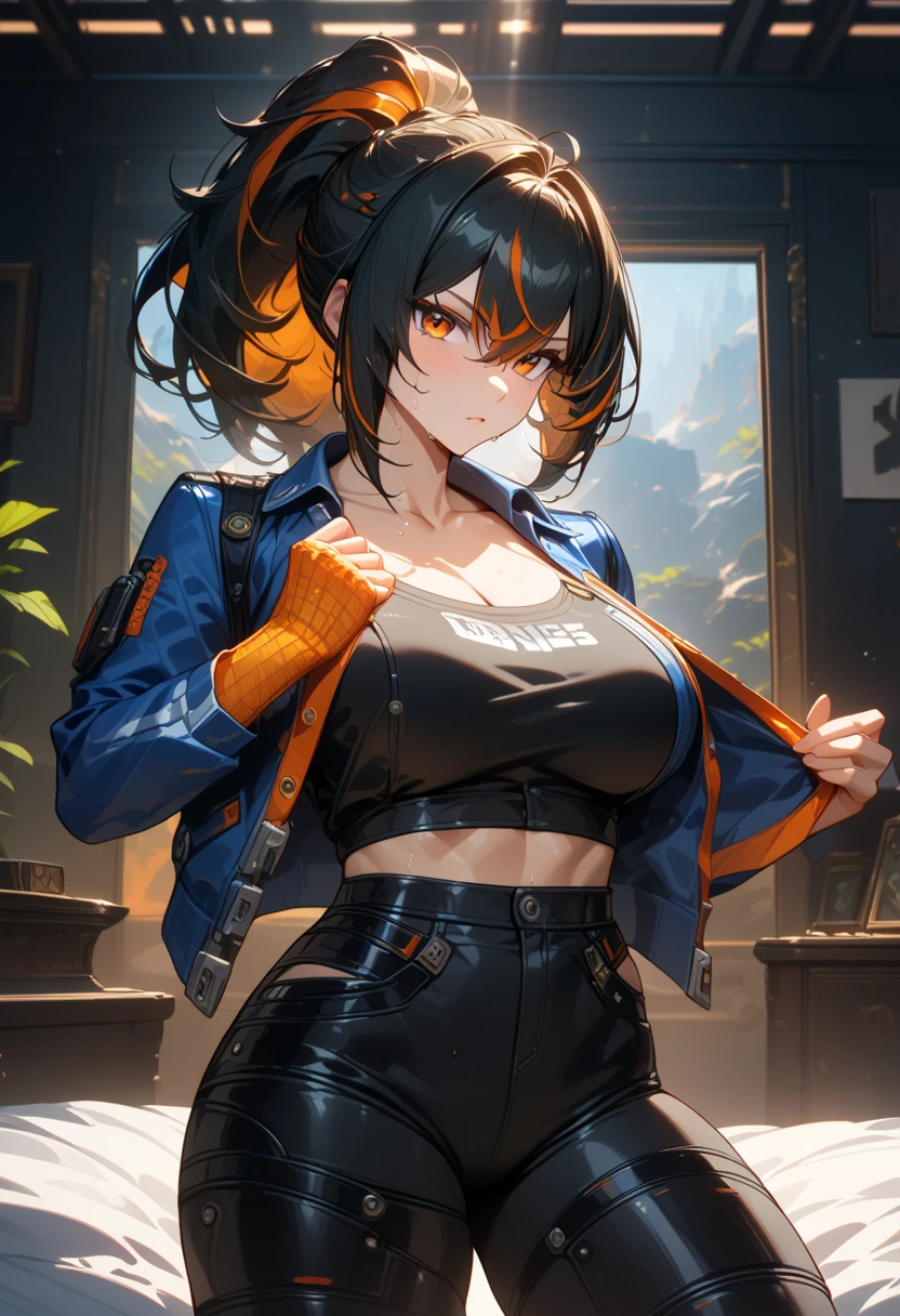 masterpiece,best quality,high resolution,8k,ultra HD,wallpaper,illustration,perfect face,cowboy shot,beautiful detailed eyes,extremely detailed face,perfect lighting,extremely detailed CG,perfect anatomy,perfect body,perfect hands,perfect fingers,1woman,full body,,muscle fighter body,(black long ponytail hair with orange mesh lines hair:1.2),orange eyes,large breasts,Medium ass,, (blue open jacket),black short hot pants,,clothed,,collarbone,,looking at viewer,(),Steam,sweat, on the bed,(Zenless Zone Zero character Zhu Yuan),adult,