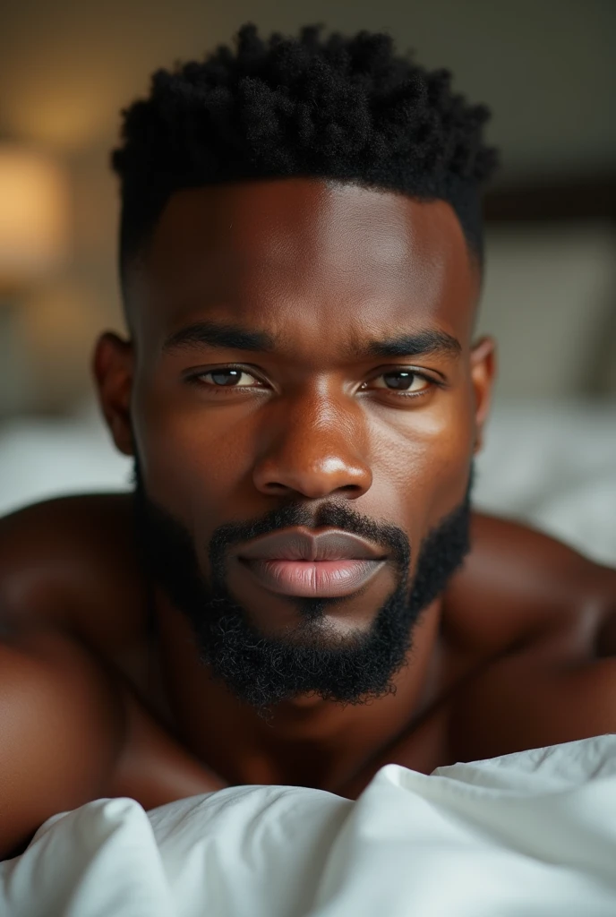 [Core Concept] An intimate and sensual portrait of a black man, muscular and bearded man in a moment of relaxation and exposure.

[Character Description] The man is robust and vigorous, with an imposing and masculine appearance. Your skin is dark and your facial features are strong, with a thick beard that frames his face.

[Environment/Background] He's lying on his bed, in a private and cozy environment, with soft sheets and blankets that contrast with your dominant figure.

[Style and Atmosphere] The scene conveys a sense of intimacy and vulnerability, with a subtle sensuality and an air of comfort and relaxation.

[Composition] The frame focuses on the man&#39;s torso and genital region, creating an intimate and revealing composition.

[Details and Embellishments] Details such as skin texture, the defined muscles and prominence of his sexual organ accentuate the erotic nature of the image.

[Technical Specifications] The image is a high contrast photographic portrait, with soft lighting and a natural color palette that enhances the model&#39;s beauty and masculine strength.