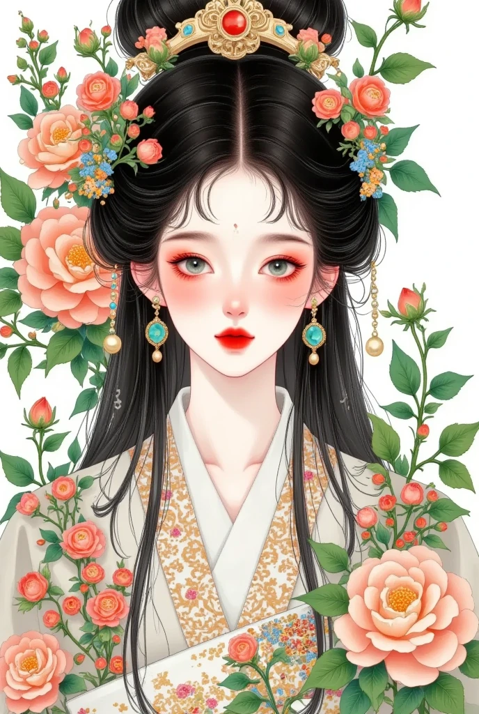 An illustration of an elegant woman（main body，Can be replaced with another） with black hair and green eyes, wearing earrings shaped like leaves and flowers in her ear lobes. She is dressed in traditional attire featuring intricate patterns inspired by nature, such as peonies or birds. The background features lush foliage and trees, creating a harmonious blend between the opulence of ancient China and its connection to natural beauty. The illustration is in the style of colored pencil.
