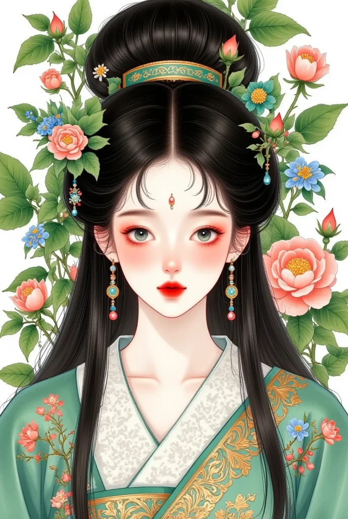 An illustration of an elegant woman（main body，Can be replaced with another） with black hair and green eyes, wearing earrings shaped like leaves and flowers in her ear lobes. She is dressed in traditional attire featuring intricate patterns inspired by nature, such as peonies or birds. The background features lush foliage and trees, creating a harmonious blend between the opulence of ancient China and its connection to natural beauty. The illustration is in the style of colored pencil.
