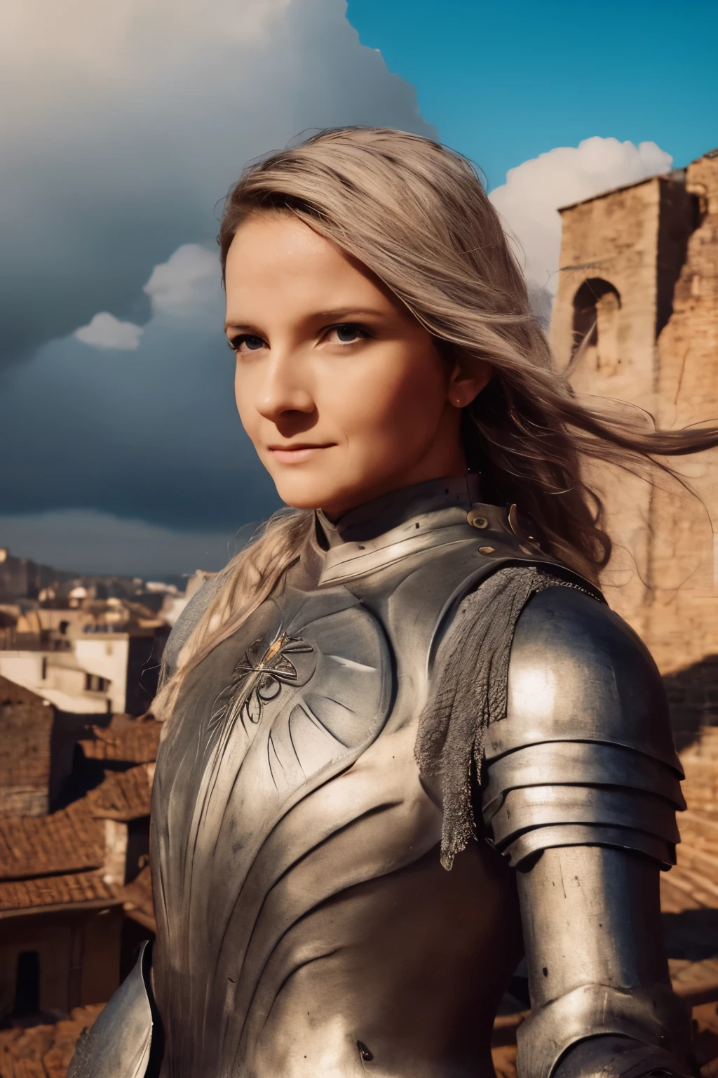 (best quality,4k,8k,highres,masterpiece:1.2),ultra-detailed,(realistic,photorealistic,photo-realistic:1.37),Hawkgirl,medieval armor,medieval city,full body portrait,beautiful detailed eyes,beautiful detailed lips,extremely detailed eyes and face,longeyelashes,shiny metal armor,ornate engravings on the armor,fierce expression,flying in the sky,proud posture,standing on a rooftop,overlooking the city,ancient stone buildings,narrow cobblestone streets,bustling marketplace,colorful banners and flags,people in medieval attire,horse-drawn carriages,rays of sunlight breaking through the clouds,castle towers in the distance,stone bridges over a winding river,vivid colors,rich texture of the armor,delicate brushstrokes,painterly style,portraits,medieval style lighting and ambiance