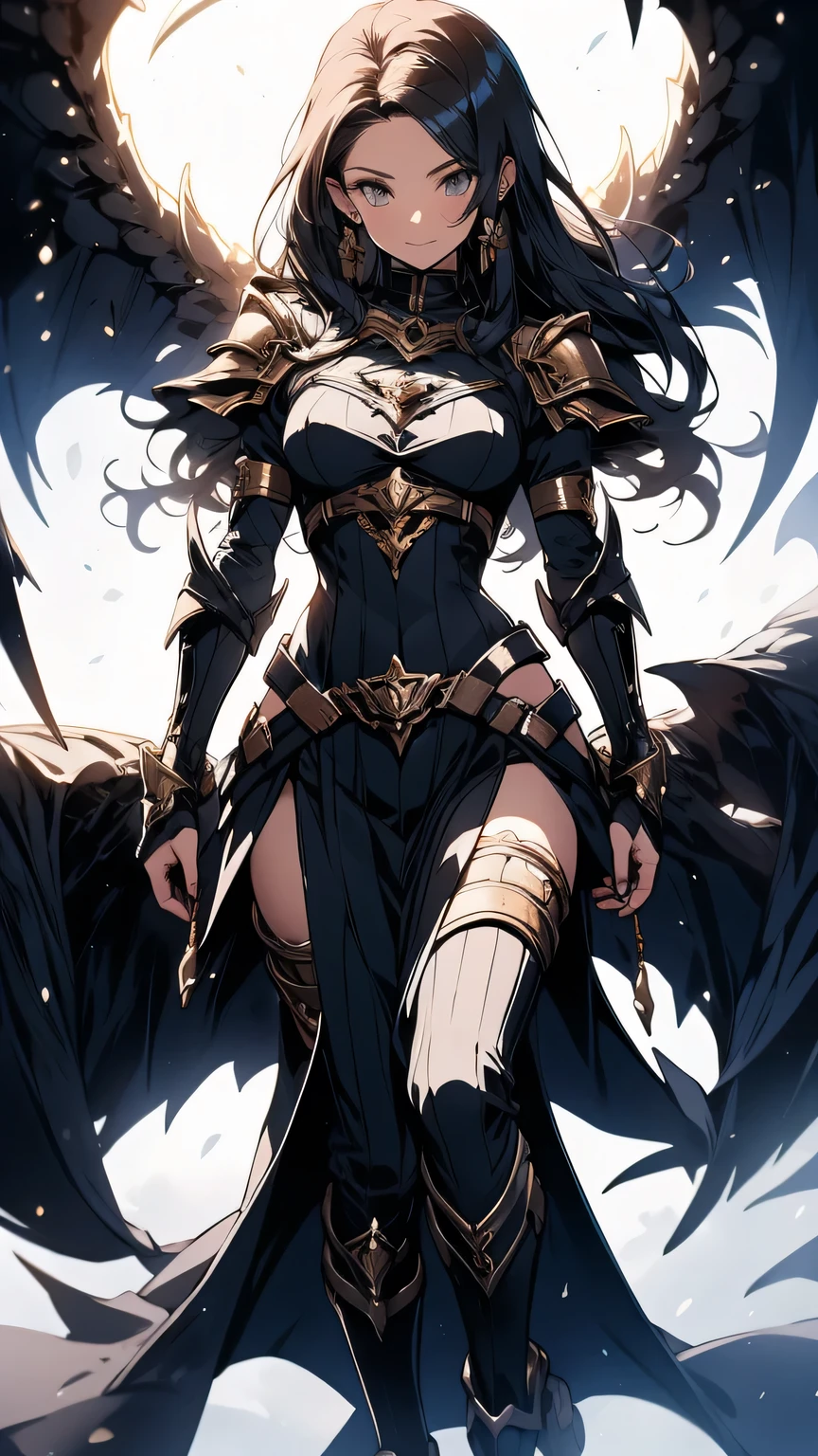 black_dress, black_hair, breasts, cleavage, detached_sleeves, dress, dress_lift, fate/apocrypha, fate_\(series\), fringe, fur, fur_collar, fur_trim, girl, hand_on_face, highres, large_breasts, light_erotic, looking_at_viewer, ohland, parted_lips, payot, petals, pointy_ears, semiramis_\(fate\), single, standing, tall_image, very_long_hair, yellow_eyes