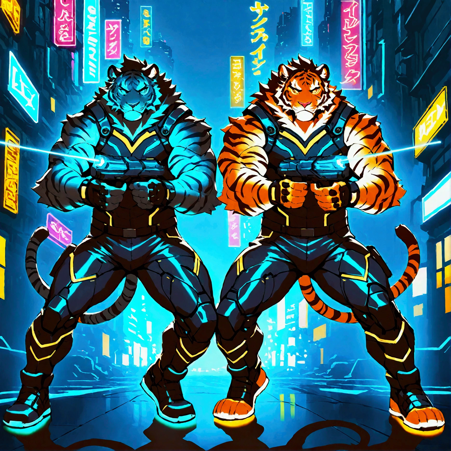 cyberpunk tiger warrior, neon lights, futuristic city, holding laser gun, concept art, highly detailed, 8k, ultra-detailed, photorealistic, hyper-realistic, volumetric lighting, cinematic lighting, dramatic lighting, vivid colors, vibrant colors, intricate details, complex details, mechanical design, advanced technology, glowing elements, moody atmosphere, dynamic pose, epic, dramatic, niji5, cinematic composition, masterpiece, digital illustration anime 