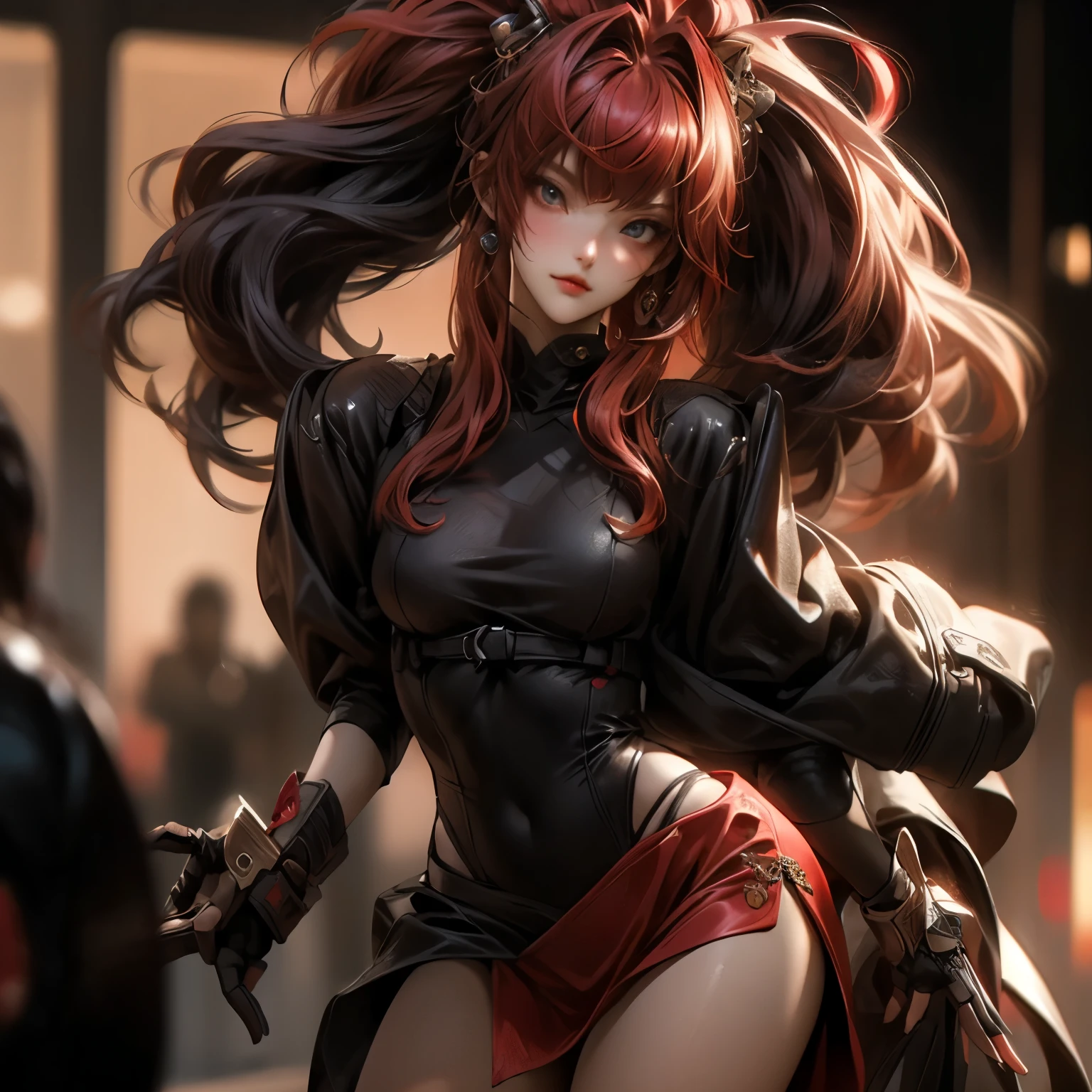 A mature woman with breast. slim curves, scarlet eyes and seductive looks, wearing a fox mask while squatting down and spreading her legs