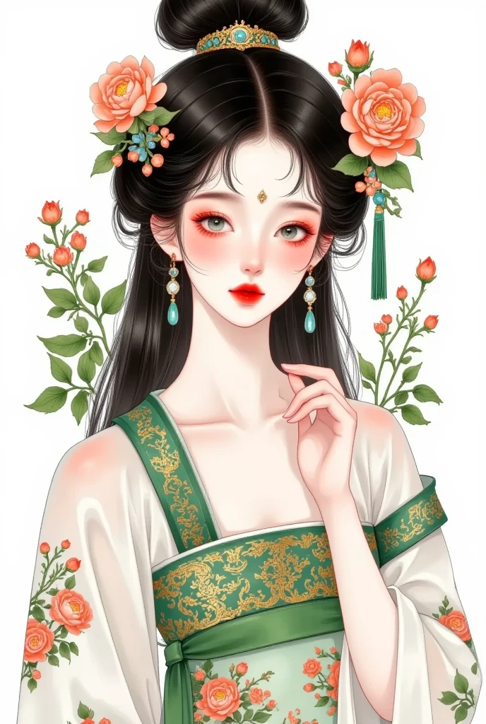 An illustration of an elegant woman（main body，Can be replaced with another） with black hair and green eyes, wearing earrings shaped like leaves and flowers in her ear lobes. She is dressed in traditional attire featuring intricate patterns inspired by nature, such as peonies or birds. The background features lush foliage and trees, creating a harmonious blend between the opulence of ancient China and its connection to natural beauty. The illustration is in the style of colored pencil.
