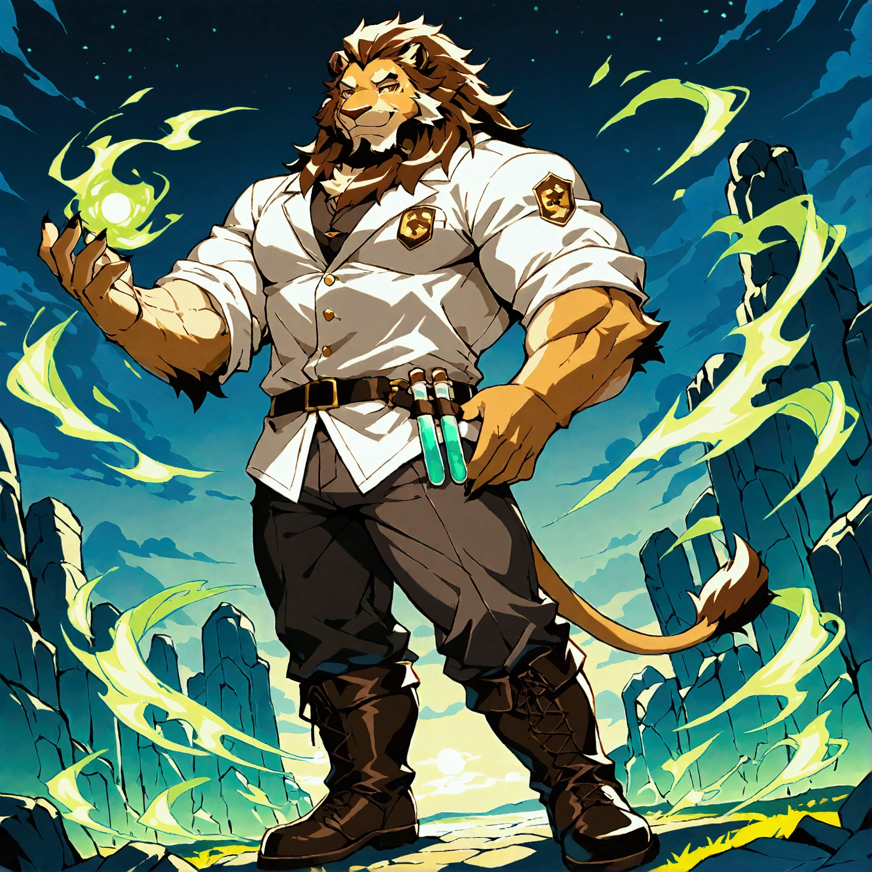 character focus, full body, looking away, dynamic angle, alchemist, a muscular middle-aged lion man, little smile, alchemy robe clothes, shirt, pants, standing, (shaking a test tube), elegant pose, BREAK full body in Michelangelo Buonarroti style, housamo style, digital illustration anime, detailed painting landscape, alchemy shop, indoor, full color, HDR, BREAK complete anatomy, perfect proportions, beautiful thigh gap, fluffy body, intricate fur details, beautiful fur texture, BREAK (a detailed lion 1tail), detailed boots, beautiful foot, BREAK detailed hands, 5fingers, 5fingers nails, BREAK aesthetic anime face, insanity detailed face, male face, big face, square jawline, aesthetic anime eyes, detailed brown eyes, detailed brown cornea, detailed dark brown irises, detailed pupils, male eyes, big eyes, male eyebrows, innocent look, beautiful beard, BREAK masterpiece, official art, best quality, very aesthetic, absurdres, super fine illustration, great quality, BREAK noise reduction, very highres, large filesize, high quality, 32K, 8k wallpaper, dynamic lighting, BREAK insanity detailed, ultra detailed, intricate details, extremely detailed, detailed texture, an extremely delicate and beautiful, BREAK e621 illustration, osukemo, kemohomo, anthropomorphic, furry, cartoon, harmonious body, pastoral face, virtuous eyes, epic atmosphere