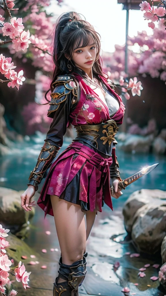  Sexy female character dressed as a warrior from the Sengoku period 、 pink hair、((toned body))、 toned body、 a sexy female character dressed as a warrior from the Sengoku period 、 The sakura-colored armor with a cherry blossom pattern engraved on it is bikini type and is designed to emphasize chest exposure、Wearing a sakura-colored cherry blossom pattern cloak 、 sakura-colored super miniskirt 、A shin guard with cherry blossom petals engraved on it、red high leg underwear、Sakura-colored tights 、 absolute domain、((acrobatic pose))、( wielding the sword powerfully )、Keen eyes stare at enemies 、sweat drips down my forehead、 part of the armor is swaying 、 the sword shines sharply when illuminated by the sunset 、 the sense of tension at the moment you swing it down dominates the air 、 Strong yet elegant atmosphere 、 they are ready to fight even now、 The background is a battlefield with cherry blossoms scattered all over 、 she has plump breasts and plump thighs 、 Super high resolution and realistic touch 、 shiny armor and fabric texture 、 depicts dynamic poses in every detail 、