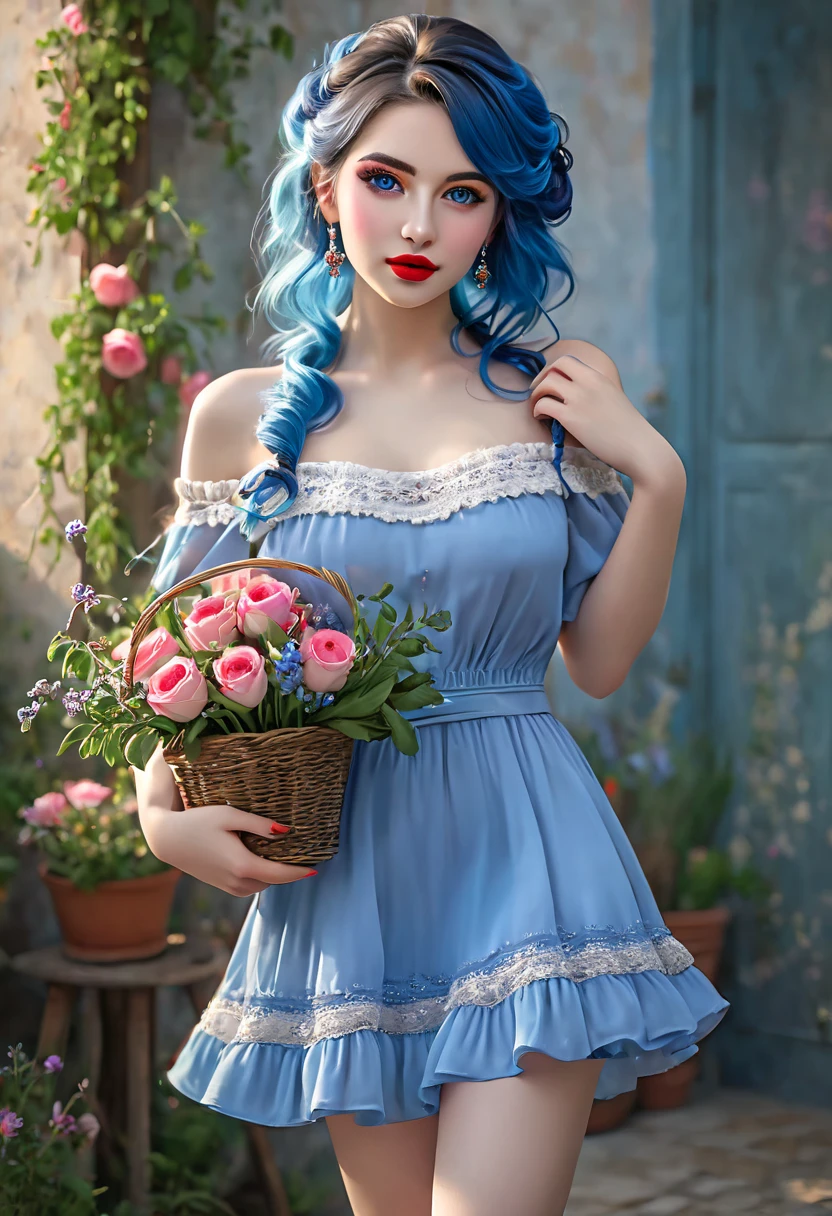 A young shepherdess in simple, rustic clothing, holding a small basket of flowers or herbs, symbolizing her connection to nature., cleavage, thigh, short skirt, sexy.(Full body:1.5),(Masterpiece, professional lighting, 16k, 8k wallpaper, raw p(Full body:1.5),(Masterpiece, professional lighting, 16k, 8k wallpaper, raw photo, photorealistic:1.8, ultra detailed, soft natural lighting, detailed skin, detailed face, detailed eyes, textured skin, ),((ultra realistic))) Photo, masterpiece, superior quality, , (Ultra detailed face and eyes:1.0),(large breast:1.4), (25 year old woman), (1beautiful girl), ((intense eye makeup, pink mascara)), ((fake detailed lips)), ((with bright red lipstick and well defined eyes)), ((wavy blue hair)), ((elegant hairstyle)) ((Off-the-shoulder evening dress with attention to detail)), Brightly coloured suits, ruffled trims, Braided high heels, a necklace, Glamorous accessories, hoto, photorealistic:1.8, ultra detailed, soft natural lighting, detailed skin, detailed face, detailed eyes, textured skin, ),((ultra realistic))) Photo, masterpiece, superior quality, , (Face and eyes ultra detailed:1.0), (25 year old woman), (1beautiful girl), ((heavy eye makeup, pink mascara)), ((fake detailed lips)), ( with bright red lipstick and well-defined eyes),((wavy blue hair)), ((elegant hairstyle))