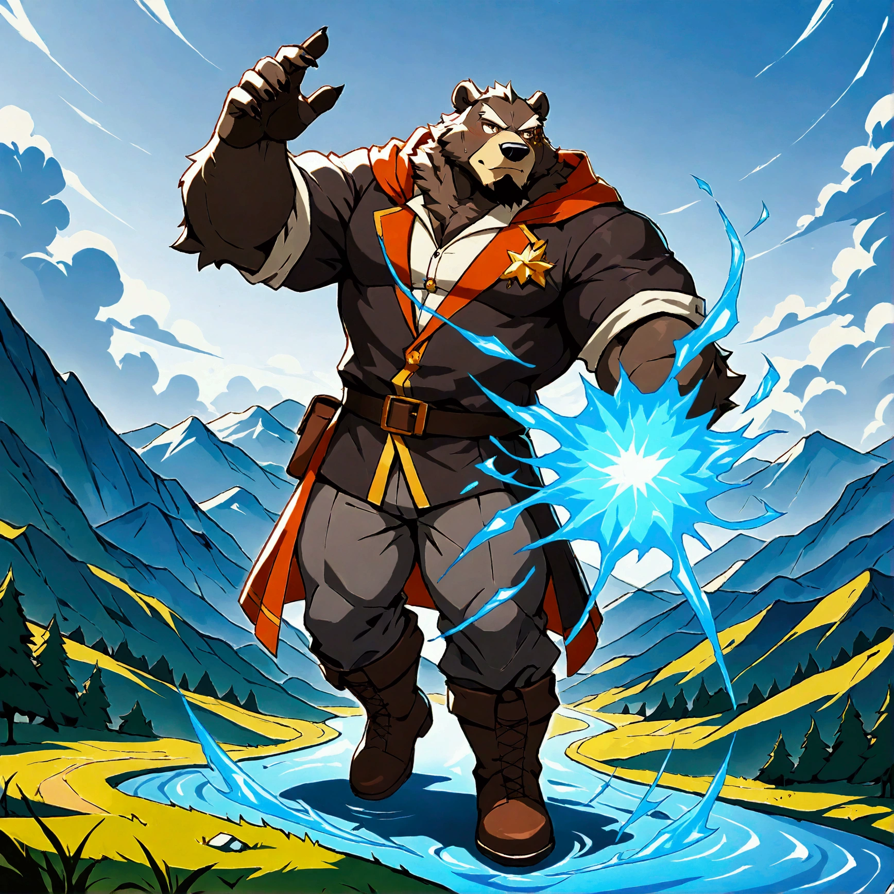 character focus, full body, looking away, various angle, european fantasy, wizard, a muscular middle-aged bear man, heroic costume clothes, robe, shirt, pants, boots, casting ice magic, dynamic pose, BREAK complete anatomy, perfect proportions, beautiful thigh gap, fluffy body, intricate fur details, beautiful fur texture, BREAK a detailed bear 1tail, detailed boots, detailed foot, detailed hands, 5fingers, 5fingers nails, BREAK aesthetic anime face, insanity detailed face, male face, big face, square jawline, aesthetic anime eyes, detailed brown eyes, detailed brown cornea, detailed dark brown irises, detailed pupils, male eyes, big eyes, male eyebrows, innocent look, beautiful beard, BREAK full body in Michelangelo Buonarroti style, digital illustration anime, housamo style, detailed painting landscape, mountain, path, outdoor, full color, HDR, BREAK masterpiece, official art, best quality, very aesthetic, absurdres, super fine illustration, great quality, BREAK noise reduction, very highres, large filesize, high quality, 32K, 8k wallpaper, dynamic lighting, BREAK insanity detailed, ultra detailed, intricate details, extremely detailed, detailed texture, an extremely delicate and beautiful, BREAK osukemo, e621 illustration, kemohomo, anthropomorphic, furry, cartoon, harmonious body, pastoral face, virtuous eyes, epic atmosphere