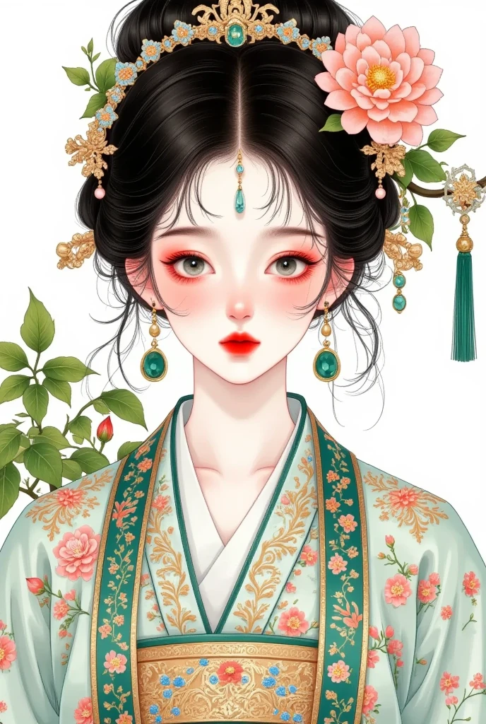 An illustration of an elegant woman（main body，Can be replaced with another） with black hair and green eyes, wearing earrings shaped like leaves and flowers in her ear lobes. She is dressed in traditional attire featuring intricate patterns inspired by nature, such as peonies or birds. The background features lush foliage and trees, creating a harmonious blend between the opulence of ancient China and its connection to natural beauty. The illustration is in the style of colored pencil.
