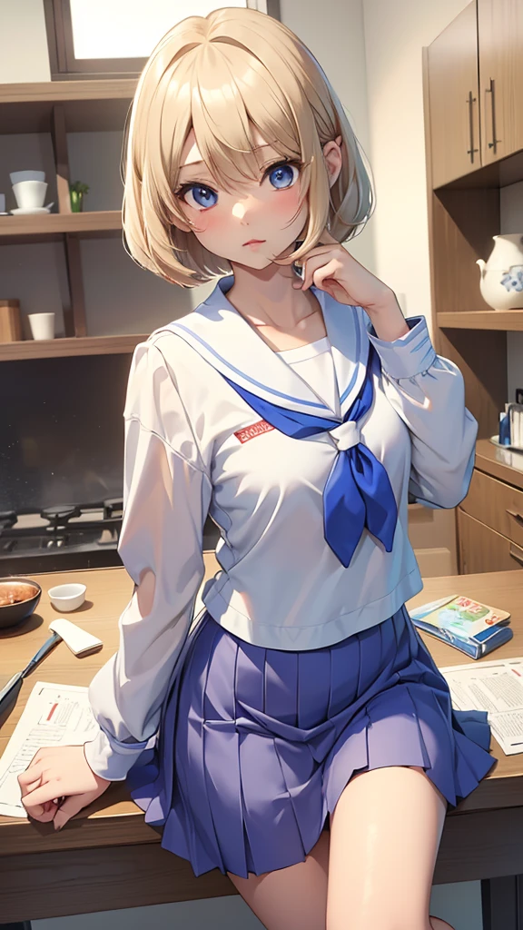 Umino Yuki、masterpiece,  best quality、 best quality,(8k resolution),Beauty、(( looks like an adult:1.3))、 （  Sexy Perfect Style）、(  medium chest )、Blonde Bob Cut、(white and blue sailor uniform)、( blue skirt)