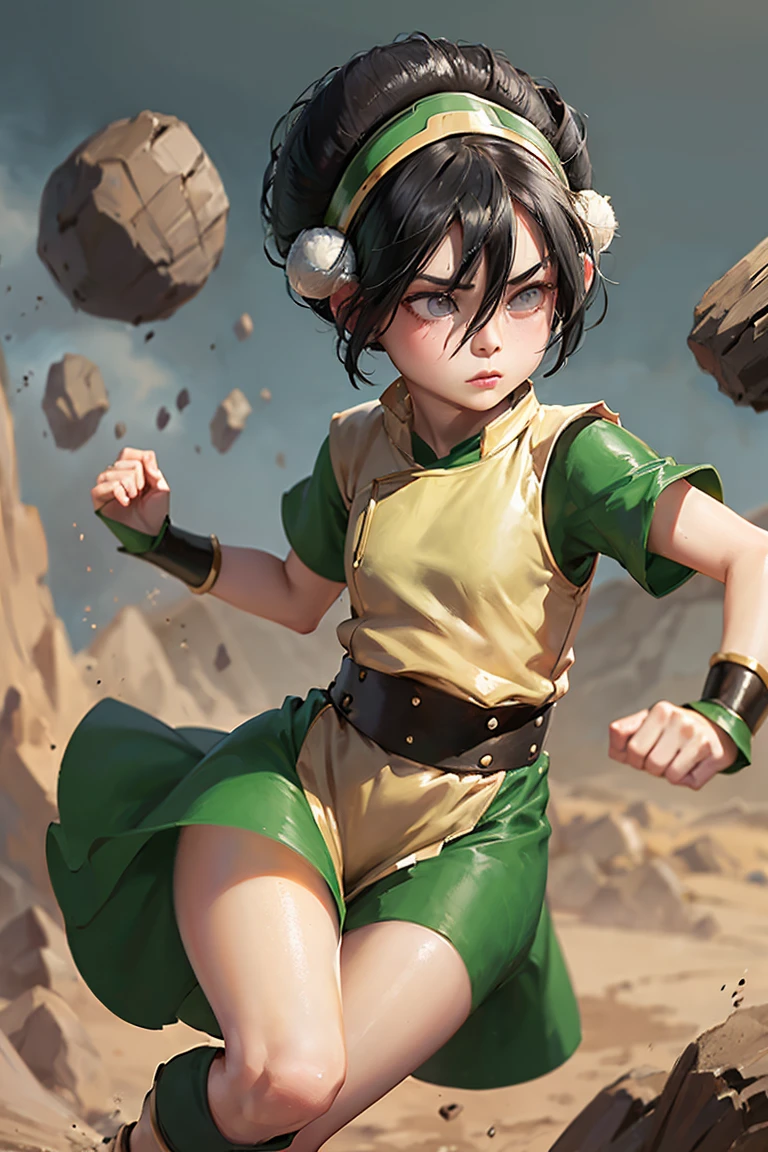 (masterpiece, best quality:1.2), full shot, solo, 1girl, 


Toph Beifong, black hair, short hair, hair bun, 
hair between eyes, blind:1.0, hairband, very pale skin, grey eyes, 
perfect face, baby face, cute female, heavy makeup, low chest, 
flat chest, ((body petite)), 


expressionless, fighting stance, earthbending, earth nation outfit, 
pelvic curtain, hair bun, (barefoot), skinny, background with floating 
stones, blue sky