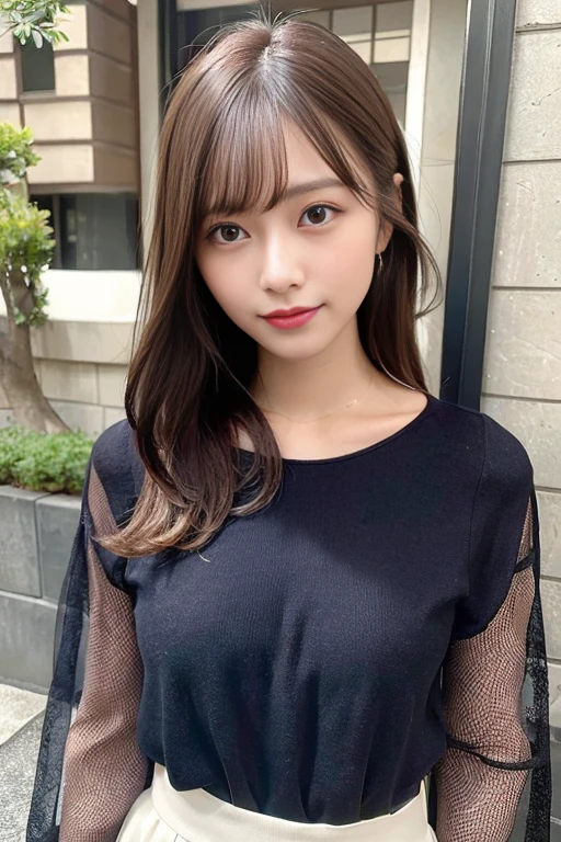 ( best quality), masterpiece, ( realistic like the picture :1.4641), 8K quality,  1 beautiful woman , (whole body:1.21),   lots of dark brown hair,  short hair, Front,  detailed face ,   beautiful eyes ,  look at the viewers,  laughs, Light colored blouse、Light Colored Skirts 、Aquarium Date、walk, 22 years old、whole bodyのレズビアン、Pull angle、