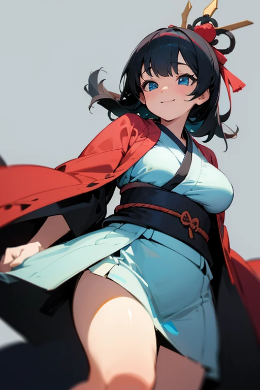 Girl wearing a short kimono, cleavage, flipping up, dynamic movement, red and black kimono, a lot of exposed skin, blushing cheeks, ribbon in ponytail, sandals on bare feet, black hair, smiling, under a blue sky, High definition, high resolution, watch the viewer,