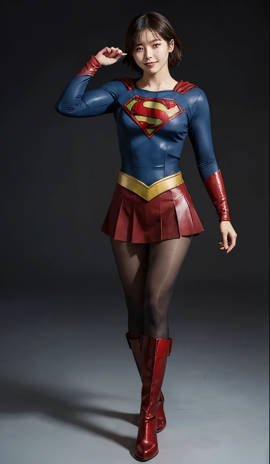 no background、((( BEAUTIFUL LEGS WITH BLACK TIGHTS .)))、((( Legally express the beauty of your smile )))、(((( make the most of her own original images )))、((( Supergirl Costume)))、(((Beautiful short bob hair)))、(((pain)))、(((Please wear black tights....、Wear red boots)))、(( Max Image、8k))、(( best quality 、8k、 Masterpiece :1.3))、(((Save Background )))、 sharp concentration:1.2、 beautiful woman with perfect figure:1.4、Thin abdominal muscles:1.2、 wet body:1.5、 High Definition Face and Skin Textures、8k