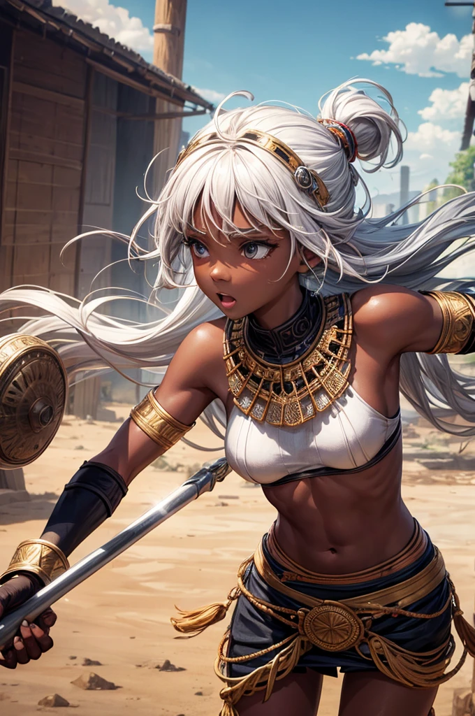 Young African Teenage Girl, Ancient African tribal warriors, Very dark skin, A white-haired man brandishes a spear,,Combat Stance, Face Paint, Body Paint, sexy, Small breasts, Tribal village in the background, Very detailed, Vibrant appearance, Creative Action, Very detailed, Imaginative, Sensual, Voluntary, Highest quality, Skin Texture, Intricate details, (Cinema Lighting), RAW Photos, 8k, masterpiece,Highest quality,Very detailed,Very detailedイラスト,Very detailed,Intricate details,High resolution,非常にIntricate details,Very detailed 8k cg wallpaper,