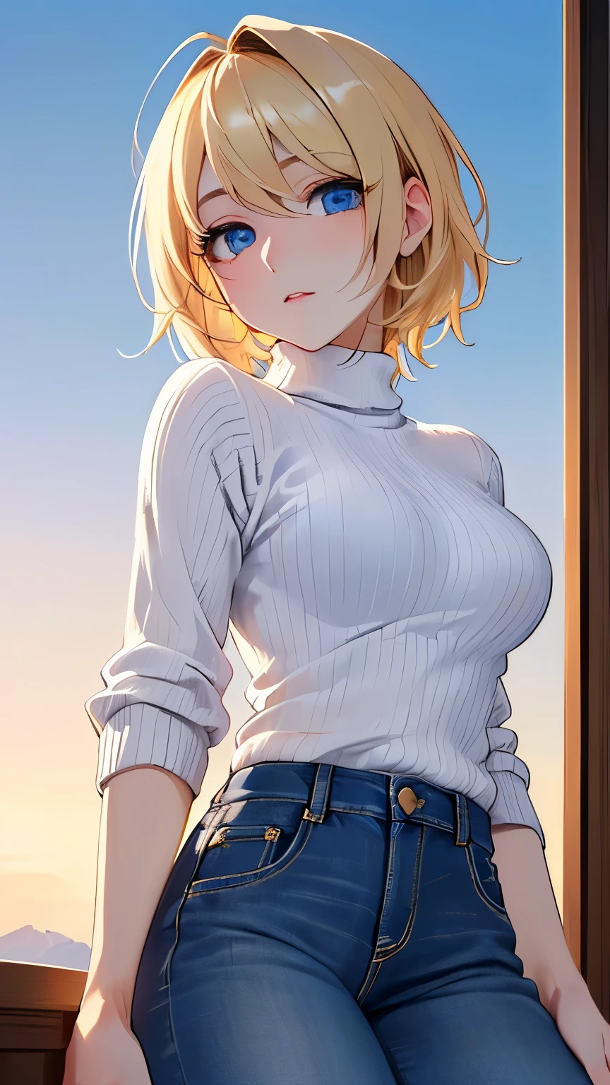 (​masterpiece),(top-quality:1.2), 1 woman,(Masseter muscle area:1.3), exquisite details, Highest quality 8K resolution, ultra-detailed, Realistic,  vibrant colors, ( very small breasts), (Very slim body), (black knitted high neck sweater ), (blue jeans ), morning, 大きなmorning日, ( smooth and short cut blonde hair:1.2), (Hair parted in the middle:1.3), (Shiny Hair), (Dark Blue Eyes:1.3),  white skin, 超詳細な描写と vibrant colorsにこだわる,  A style that combines romanticism and realism, color palettes, A dreamy and elegant atmosphere ,  this work is a masterpiece 