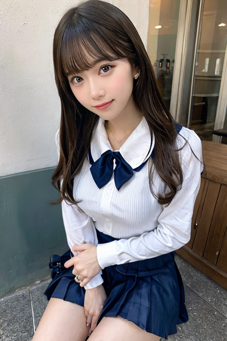 (Highest quality,masterpiece:1.3,Ultra-high resolution),(Very detailed、Caustics) (Realistic:1.4, RAW shooting、)Ultra-Realistic Capture、Very detailed、Natural skin texture、masterpiece、(A Japanese elementary school girl wearing a white shirt with a navy blue ribbon and a pleated skirt:1.3), Adorable expression、Expressions of happiness、10 years old、height: 145cm、Baby Face、Amazingly cute、Twin tails、Curly Hair、Scrunchie、Black Hair、light makeup、H-cup busty、Shining thighs、Bare arms、Background details、smile、An inviting gaze、Anatomically correct、Cowboy Shot、Attention to detail、Straddling the sheets in a private room at a sex shop、Open your legs wide from side to side、White panties are visible