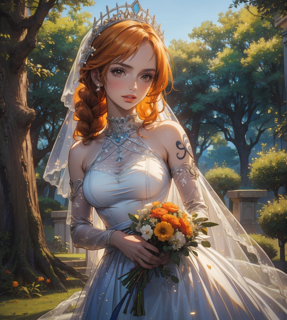 (masterpiece, best quality, highres:1.2), (photorealistic:1.2), (intricate and beautiful:1.2), (detailed light:1.2), (soft lighting, side lighting, reflected light), (colorful, dynamic angle), (1girl), standing, green eyes, beautiful detailed eyes, looking at viewer, (close up),
red hair, (long hair:1.2), (light smile:1.1), closed mouth, light blush, curly hair, medium breasts, cleavage, wedding dress, white dress, lace choker, white choker, lace gloves, white gloves,
garden, cowboy shot, full body, light passing through hair, (realistic skin texture:1.4), (HDR:1.2),  