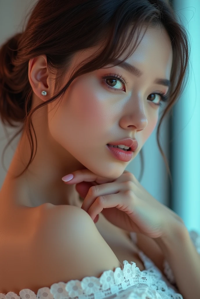 (best quality,4k,8k,highres,masterpiece:1.2),ultra-detailed,(realistic,photorealistic,photo-realistic:1.37), (1 beautiful sexy woman : 1.2), with pursed mouth expression as if kissing, sitting at the table, hand on her chin, with long hair and piercing eyes, girl next door innocent look, Pursed expression, one finger over her lips as like a kissing