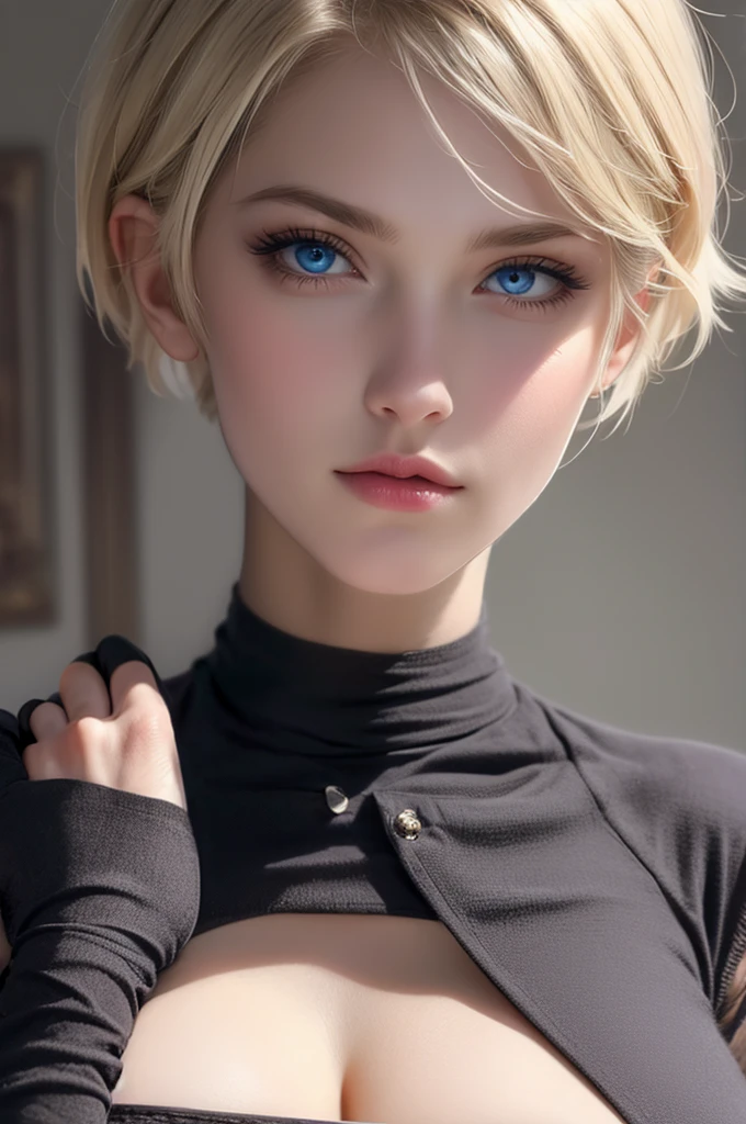 1woman, beautiful, detailed, pants, large breasts, blue eyes, short blonde hair, gloves, France woman face, MASTERPIECE, beautiful face, sexy body, Full body, look at viewer, detailed