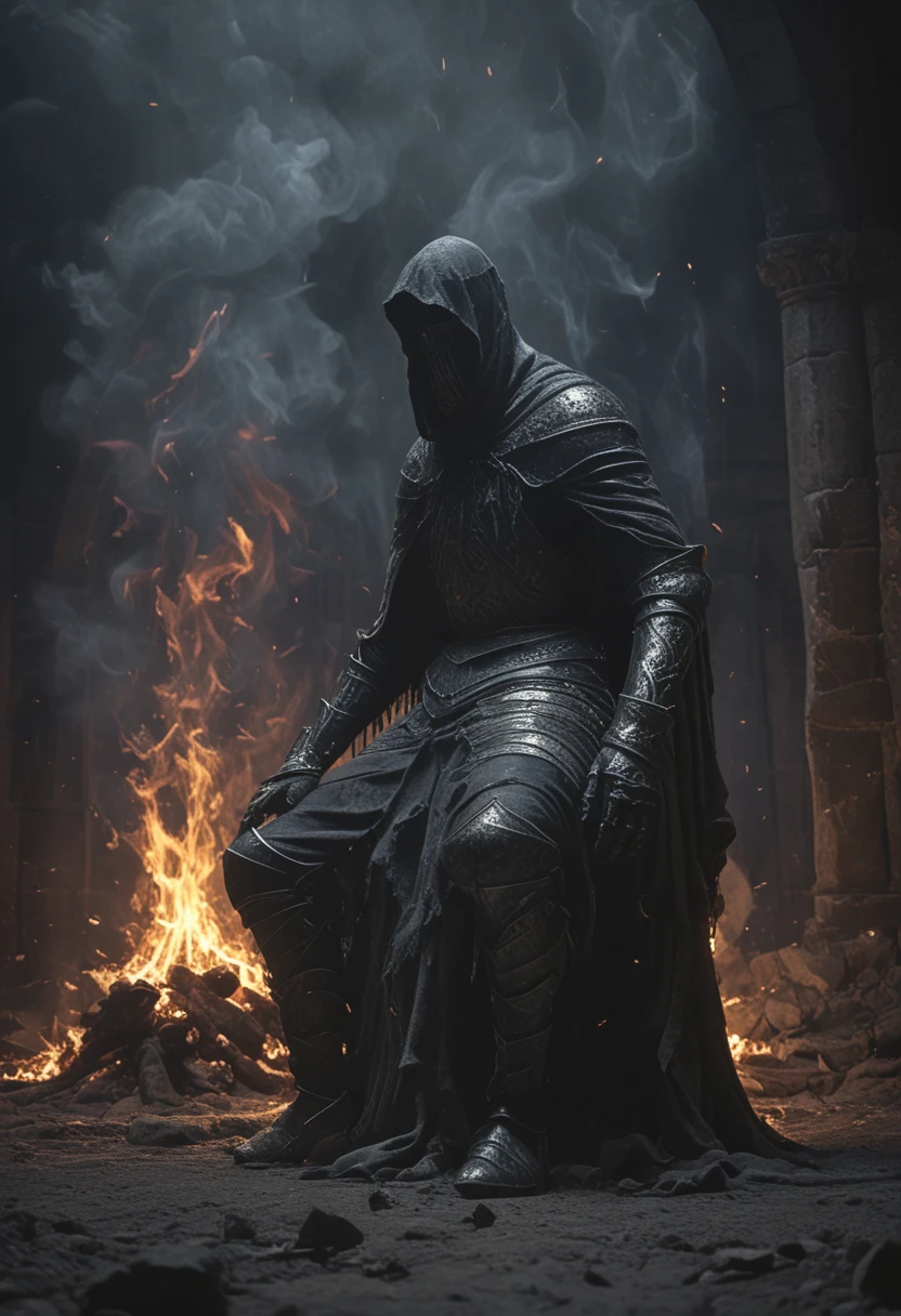 1 ,  black sweatshirt ,  Black Pants ,  Looking at Satan on a throne from the ground, Hellfire in the background ,breathtaking an ancient soul k afternoon  statue,   protecting a rotten throne   , forgotten and place   , waiting for eternity   ,soul particals around the k afternoon , afternoon ,   High Definition   ,   Best Quality ,hyperdetailed, health-looking full coat ,   super realistic ,[blue:negro],hood,Faceless,   worn out with vivid details engraved on the armor,Illuminated background,  deep shadows  ,Bonfire,inside, .  awarded, professional,    very detailed, snowy atmosphere ,Frio gracial  ,snow,copos de snow en suspencion,all snowy ,Bonfire con fuego ,sword (alone)  atascado en la Bonfire