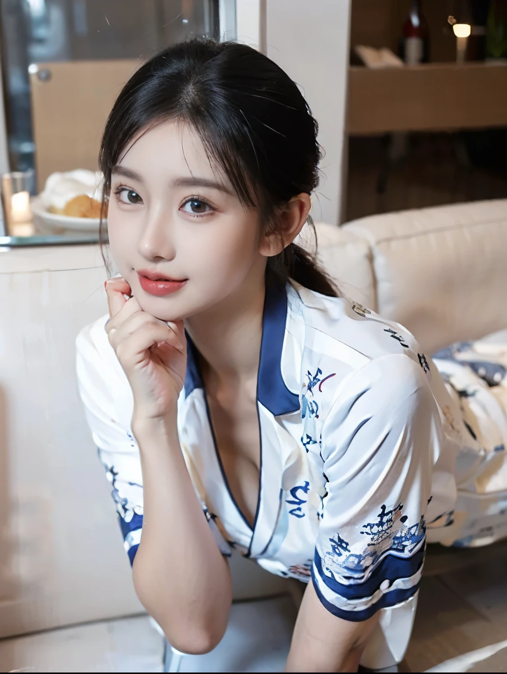 ( A gorgeous lady , 21 years old, flight attendant, Airline Sister ,Kneeling, smile with a wine cage , Short Ponytail Hairstyle , Short Wave Hair , Cute Crooked Teeth , Full Round Chest , Straightened flawless legs , Realistic photos, Beautiful delicate eyes , Exquisite and delicate face , Surrealism , High Contrast , Ultra HD, Realistic skin , Highest Image Quality, Top, Ultra High Resolution, fine detail, extremely carefully , close-up, from head to legs, masterpiece, ROMANTIC NIGHT , Dark Bokeh Background)
