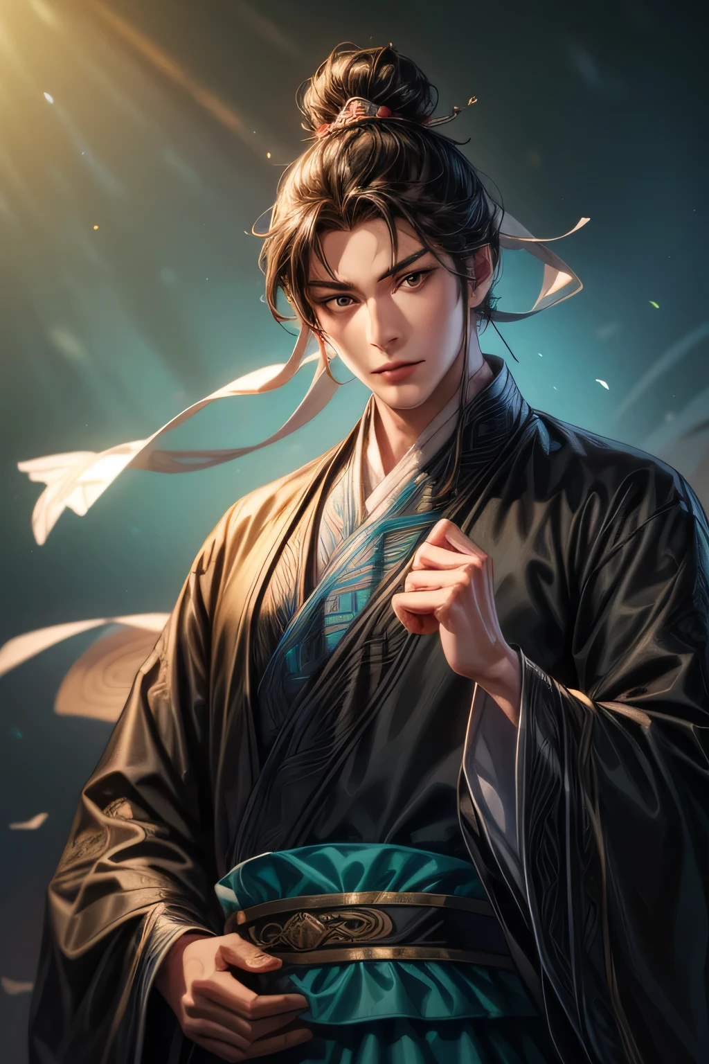 Han Dynasty Landscape、Three Kingdoms、Full Body、(Highest quality,4K,8k,High resolution,masterpiece:1.2)、Very detailed, High resolution,hyper HD、Studio Lighting、Ultra-fine painting、 Sharp focus、 Physically Based Rendering、 Very detailed explanation、 Professional、 Vibrant colors、Traditional Chinese Painting Techniques、 Atmospheric lighting、 Vivid color contrast、Very detailed目と顔、 Beautiful attention to detail、 Light on the face、young man wearing black Hanfu、(Hanfu: 1.2)、Eyes are green, perfect body, (((1 young man)))、anatomically correct、Dynamic Pose、