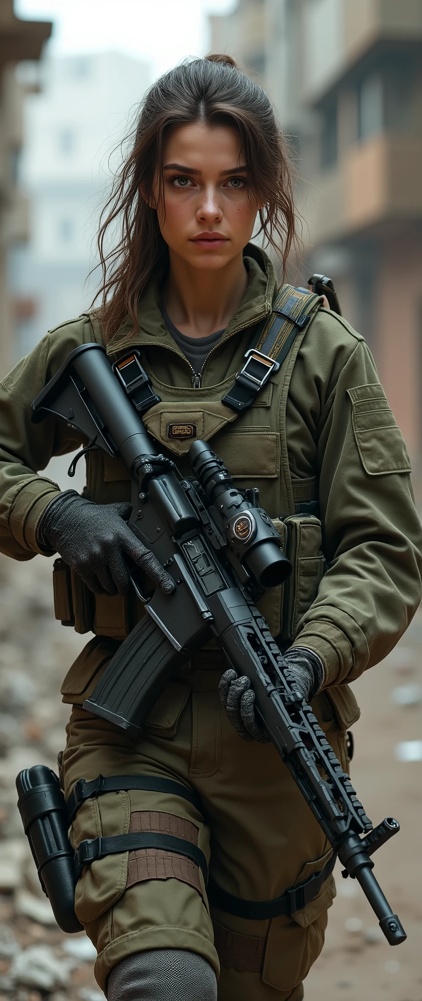 Foto hiperrealista en primer plano de Kate Beckinsale, masterpiece, best quality, (photorealistic:1.4), beautiful woman, skinny, small breasts, straight brown hair, detailed face, smile, photo taken from a distance, age 25 tears old, Special forces uniforms、Black tactical vest、black black Military trousers、Black combat gloves、rucksack、Black black military undershirt、SWAT helmet, Detailed facial and chest depictions、detailed hand depiction、Combat pose、Dynamic action、in woods、White smoke、watching at viewers