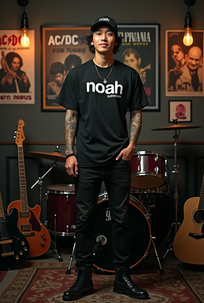 A Korean man with tattoos on his arms stands in a small room decorated with rock band posters, featuring artists such as AC/DC, Queen, and Nirvana. The room has a dark grunge feel. Behind him are several guitars and a drum set, adding to the rock-inspired atmosphere. He is wearing a black baseball cap with the “NOAH” logo, a black T-shirt with the text “TEJO ARIEL,” worn jeans, and black boots. With a warm gaze and a smile, he looks directly into the camera, his confident and edgy style blending perfectly with the background music