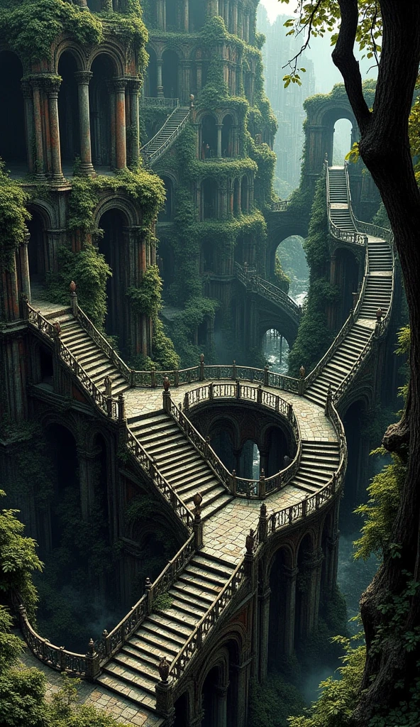 a city with interconnecting stairs in the style of mc escher stairs labyrinth. a lot of stairs are built in an impossible manner. the environment is dark with little light. it is an old ruins buried underground, with huge amount of plants enveloping the architecture. severe decays can be seen on the structure. top down perspective view, seeing a wide angle of the location. there are multiple statues in the ruins.