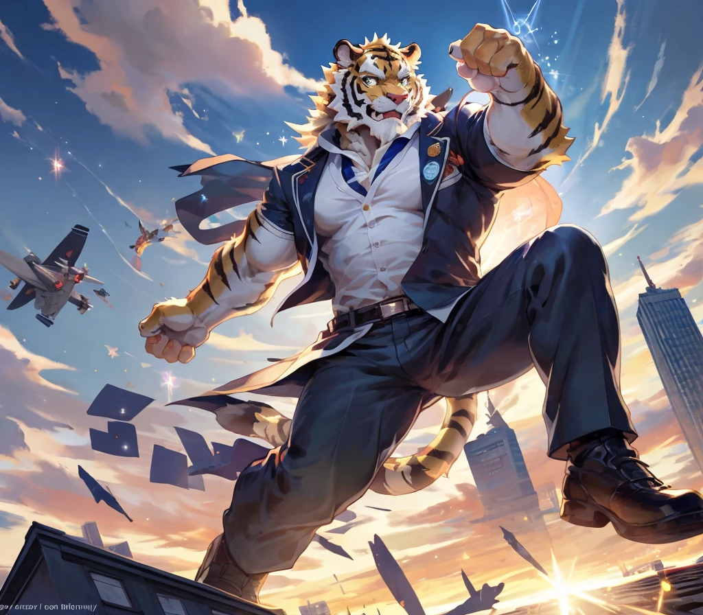 masterpiece,high quality,Japanese cartoons,Delicate eyes,Fluffy male tiger, law, Great physique,Strong arms, On the roof, Jump from buildings, The plane is circling, Sky, Files scattered everywhere, Office suit half taken off，Become a hero, Shock, (Colorful Sparkles), Flashing Lights, author：null-ghost,Pino Deheny