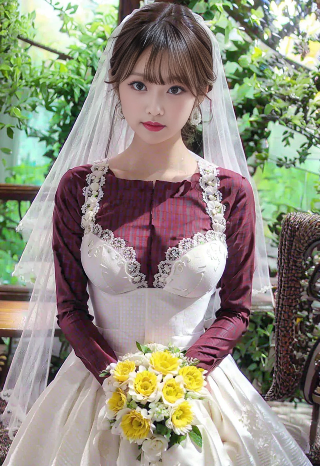 18歳のbride、、 high school girl、 big eyes、Big eyes、 her eyes are drooling 、Drooping eye corners、Droopy eyes、Eyes are apart、bride、church、 Wedding Style、thin fabric prom dress、Small Rose Embroidery 、 Wedding Veil、Transparent areola、Large Breasts、Best Breasts、Firm breasts、Beautiful breasts、Big Breasts、Busty、超Big Breasts、Small waist、pearl earrings、