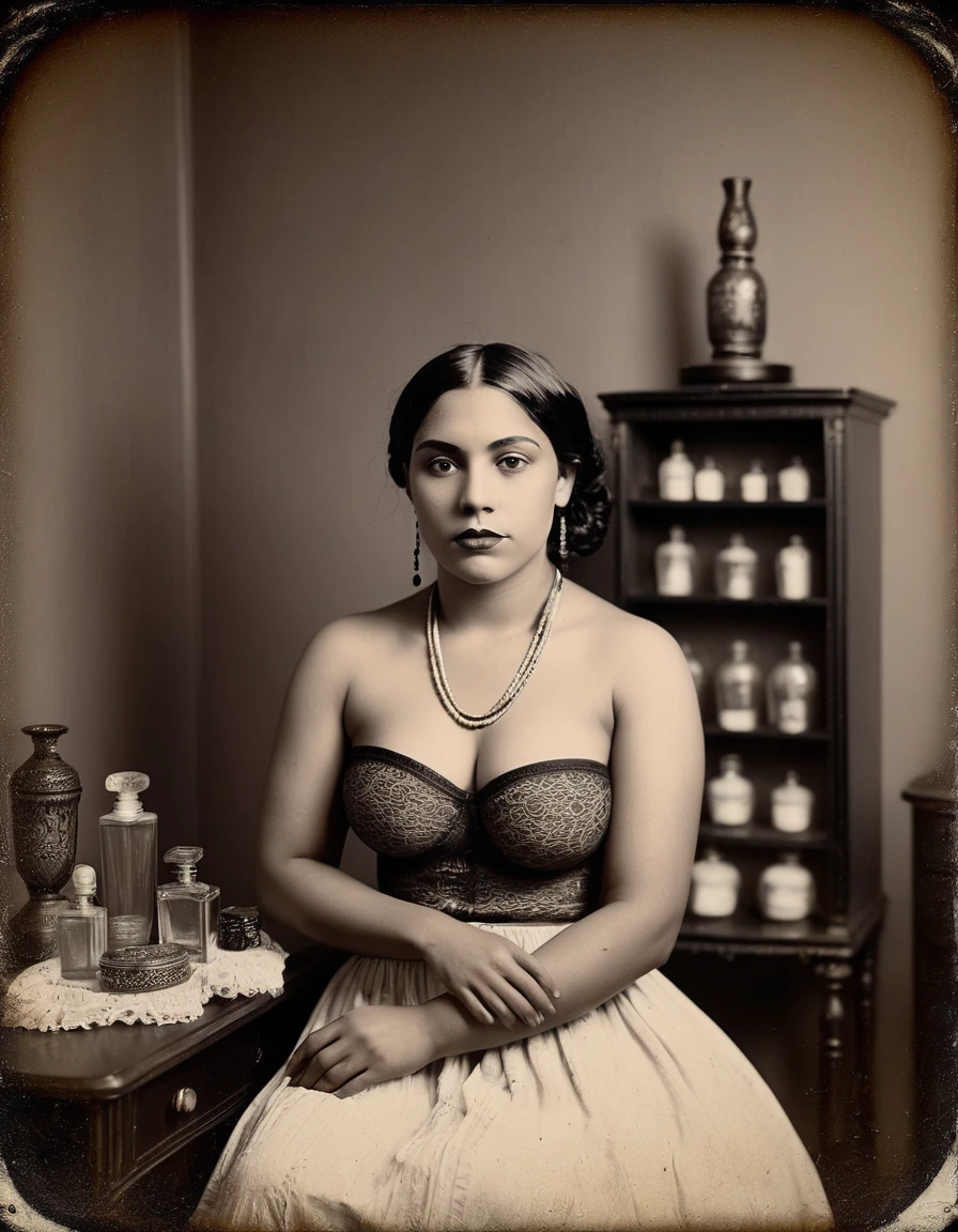 tintype photo, black and white boudoir photography of an attractive latina woman, age 30, black hair styled in braided cornrows, curvy body, embodying grace and poise topless, bare breasts and stockings. she sits serenely in front of a vintage vanity table adorned with a captivating array of antique perfume bottles, the soft diffused lighting casting a warm and intimate glow over the scene. the vintage and glamorous effect enhances the ambiance, creating a mood of sophistication, this composition captures a moment of quiet elegance and understated sensuality, celebrating the beauty and confidence of the subject, perfect hands, perfect body
