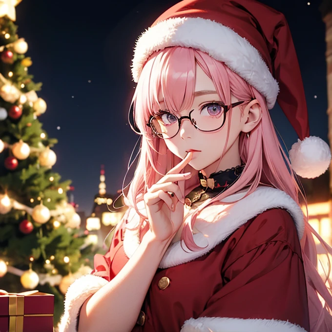  Glasses、 I'm wearing Santa Claus clothes 、  Christmas tree in the background  、 I have a gift box、Make your eyes brown   、  Please raise your mouth  、   1 girl,albino, cute,   Light Pink Hair  、beautiful,   long hair, night lighting ((8k, ,   surreal))、