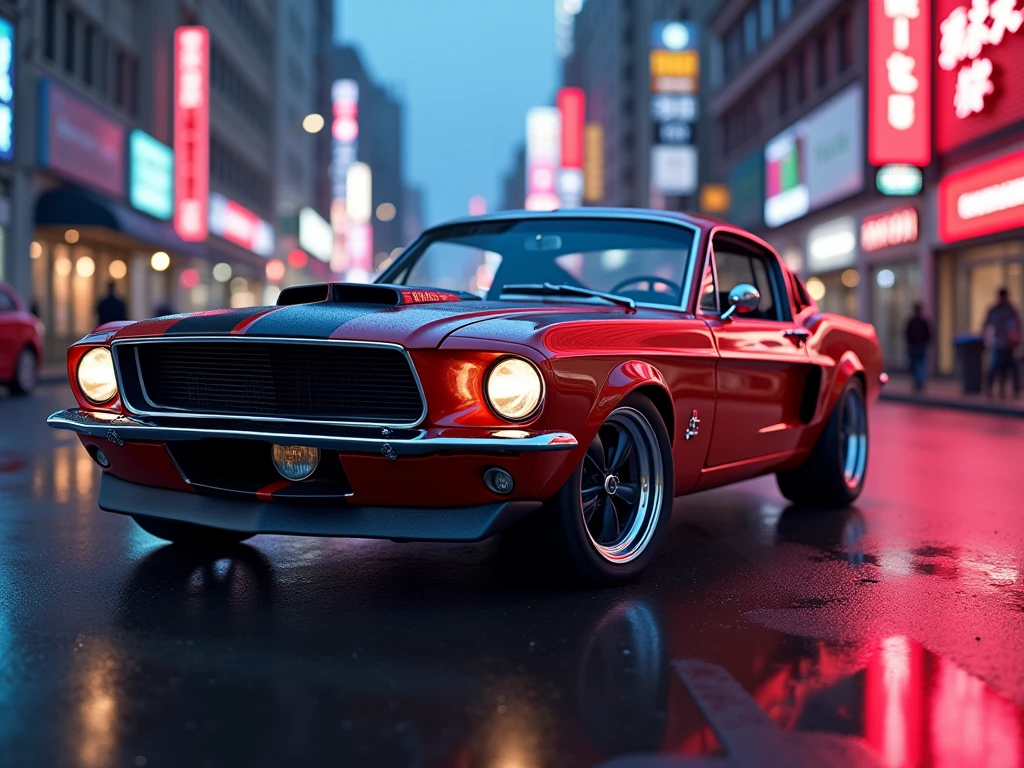 vintage car ford mustang, enhanced in a distinct JDM flair, placed strategically on an urban cityscape, clear sky with dimming sunset hues, neon signs reflecting on polished exterior, crisp lines of the car contrasting sharply with the blurred, vibrant city lights in the background, artistic caricature, detailed realism, low angle view, ultra HD digital art, dynamic perspective, gravitational effects, detailed reflections, ultra-realistic textures.