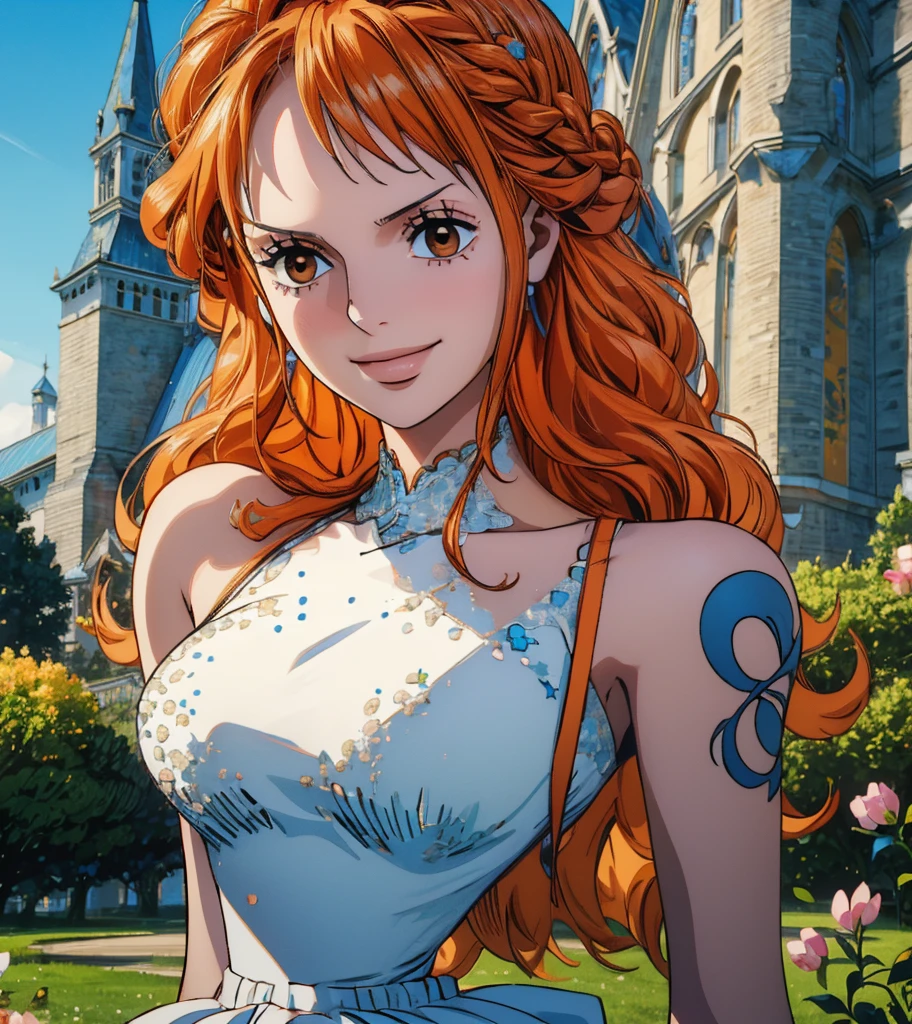 (masterpiece, best quality, 4K, 8k,   high definition  , 最高masterpiece:1.2),  super detailed, (Realistic, photoRealistic, photo-Realistic:1.37),   Pale Orange Hair  ,  dress, pale orange hair hidden in thick grass ,(Beautiful hairstyle,Braid 1 .3), tiara ,(Left shoulder tattoo), beautiful brown eyes, beautiful lips,Beautiful lipstick,smile, looking at the camera,  Big Breasts ,In a dress,Beautiful whole body,Holding a bouquet,church,bride,Beautiful blue sky,Trees, starry sky ,(elegant spot 1.4),Beautiful flowers, gradient 