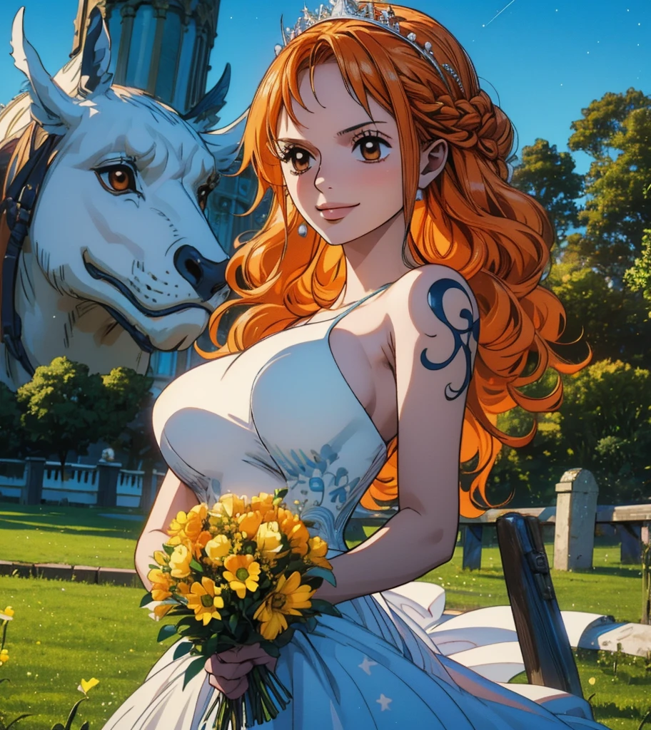 (masterpiece, best quality, 4K, 8k,   high definition  , 最高masterpiece:1.2),  super detailed, (Realistic, photoRealistic, photo-Realistic:1.37),   Pale Orange Hair  ,  dress, pale orange hair hidden in thick grass ,(Beautiful hairstyle,Braid 1 .3), tiara ,(Left shoulder tattoo), beautiful brown eyes, beautiful lips,Beautiful lipstick,smile, looking at the camera,  Big Breasts ,In a dress,Beautiful whole body,Holding a bouquet,church,bride,Beautiful blue sky,Trees, starry sky ,(elegant spot 1.4),Beautiful flowers, gradient 