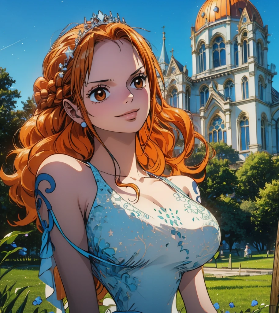 (masterpiece, best quality, 4K, 8k,   high definition  , 最高masterpiece:1.2),  super detailed, (Realistic, photoRealistic, photo-Realistic:1.37),   Pale Orange Hair  ,  dress, pale orange hair hidden in thick grass ,(Beautiful hairstyle,Braid 1 .3), tiara ,(Left shoulder tattoo), beautiful brown eyes, beautiful lips,Beautiful lipstick,smile, looking at the camera,  Big Breasts ,In a dress,Beautiful whole body,Holding a bouquet,church,bride,Beautiful blue sky,Trees, starry sky ,(elegant spot 1.4),Beautiful flowers, gradient 