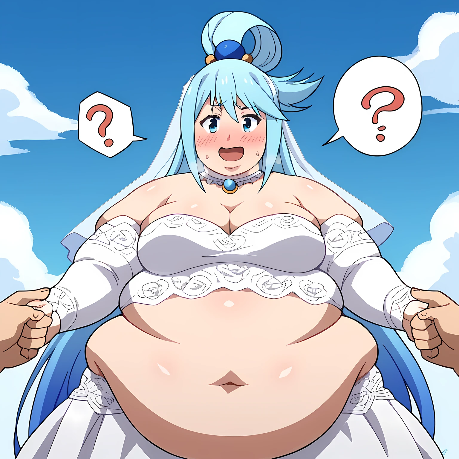 score_9, score_8_up, score_7_up, source_anime, solo,
aqua \(konosuba\), long hair, blue eyes, hair ornament, very long hair, blue hair, hair rings, single hair ring, hair bobbles,  blushing, looking at viewer, wedding dress, wedding veil, off shoulder, cleavage, smile, outdoor, sky, standing, cowboy shot,  anime screencrap, jewelry, flower, medium breasts, bulging belly, fat, chubby, obese, open mouth, out of breath, absurdres, highres icon, rating:General, confused, blush, spoken question mark, {flustered}, nervous sweating, portrait, pov hands, hand on another's belly, averting eyes, [looking away], straight-on, from below, swollen face, masterpiece, best quality, ultra-detailed, high resolution, 8K, absurdres, highres icon,