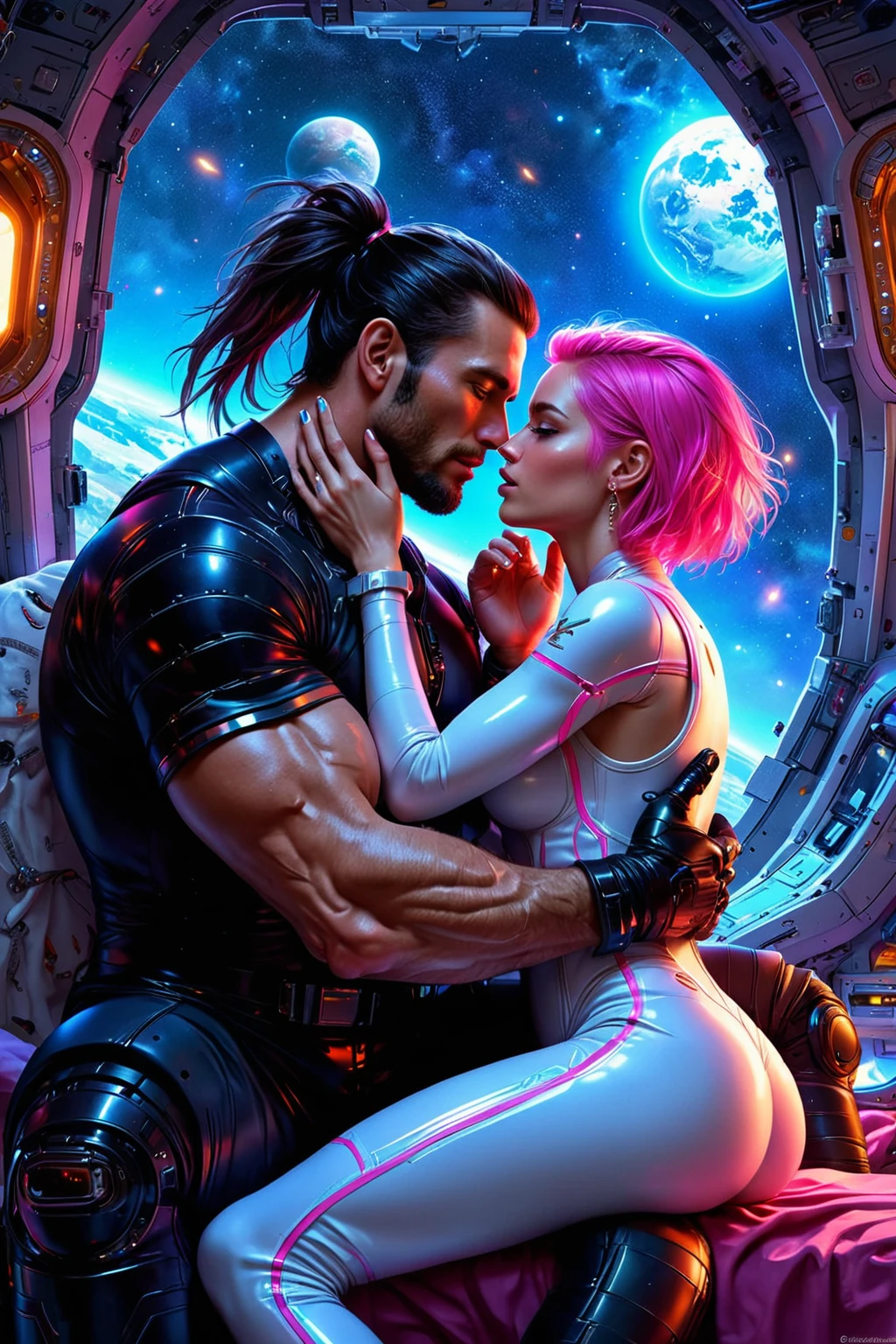 (Ultraglossing blicks Hyperrealistic photorealistic ILLUSTRATION for a emotional book cover.) bookcover art. full-body Full length a beautiful girl with pink hair in a white space suit with neon shining lines hugs passionate hugs stands with brutal muscular man with long black hair tied in a high ponytail on his head, dressed in a black space suit with neon shining stripes. Against the background of the spaceship cabin, a huge window in which the planet is visible, hyperdetailed painting, 4k resolution, concept art, vibrant colors by Simon Bisley and Michael Komarck, dynamic lighting, hyperdetailed painting, trending on Artstation. dynamic pose. perfect anatomy. perfect finger. emotional expressive scene. face to face. look eyes to eyes. dynamic pose,dynamic comic's scene.ultra-highdetail,perfect natural proportions.model faces. perfect anatomy, detailed hand and fingers, ideal silkglossing hairs, ultrssparkling gold artefacts, ultratextured and patterned textile, countour body\'s glowlight. ultra-detailed, textural, BRIGHT, glitter of gold, glare, beautiful hands and fingers, perfect silky hair [cute, ultra-detailed, illustration, intricate, detailed, extremely detailed, detailed face, soft lighting, soft light, perfect face, beautiful, accurate anatomy, overexposure, 8k, 4k, (highres:1.1), best quality, (masterpiece:1.3), jewelry, l hair ornament, hi-rez ultradetailed background, long hair]