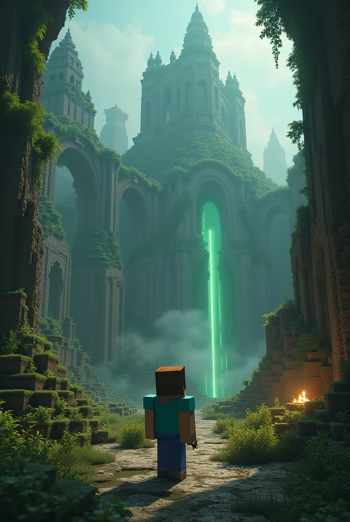    and Minecraft  theme ,  and Minecraft , ancient ruins,Ancient castle ,A  ,Abandoned Landscape, Light Shines In , Lines of Light ,Mysterious glow, アバターがancient ruinsの前に立っている ,  has an iron pickaxe,Steve