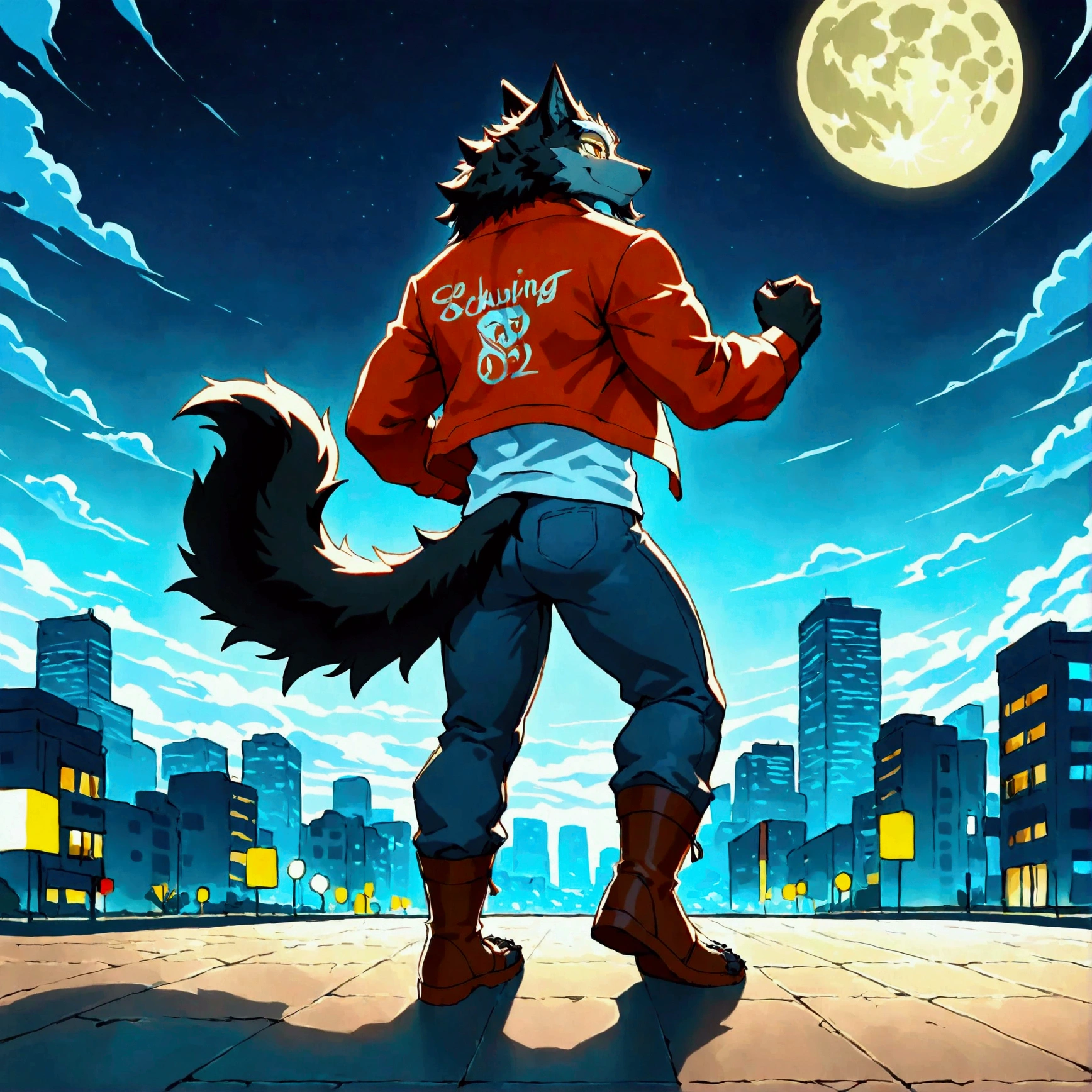 character focus, full body, looking away, back view, back focus, dynamic angle, street dancer, middle-aged wolf man, happy, little smile, street fashion, jacket, shirt, pants, boots, street dance, dancing, dynamic pose, standing, full body in Michelangelo Buonarroti style, digital illustration anime, housamo style, detailed painting landscape, full moon night, city scape, skyscrapers, outdoor, full color, HDR, BREAK complete anatomy, perfect proportions, beautiful thigh gap, fluffy body, intricate fur details, beautiful fur texture, BREAK detailed wolf one tail, detailed toe, 5toes, 5toes nails, beautiful foot, detailed hands, 5fingers, 5fingers nails, BREAK aesthetic anime face, insanity detailed face, male face, big face, square jawline, aesthetic anime eyes, detailed brown eyes, detailed brown cornea, detailed dark brown irises, detailed pupils, male eyes, big eyes, male eyebrows, innocent look, beautiful beard, BREAK masterpiece, official art, best quality, very aesthetic, absurdres, super fine illustration, great quality, BREAK noise reduction, very highres, large filesize, high quality, 32K, 8k wallpaper, dynamic lighting, BREAK insanity detailed, ultra detailed, intricate details, extremely detailed, detailed texture, an extremely delicate and beautiful, BREAK e621 illustration, osukemo, kemohomo, anthropomorphic, furry, cartoon, harmonious body, pastoral face, virtuous eyes, street atmosphere