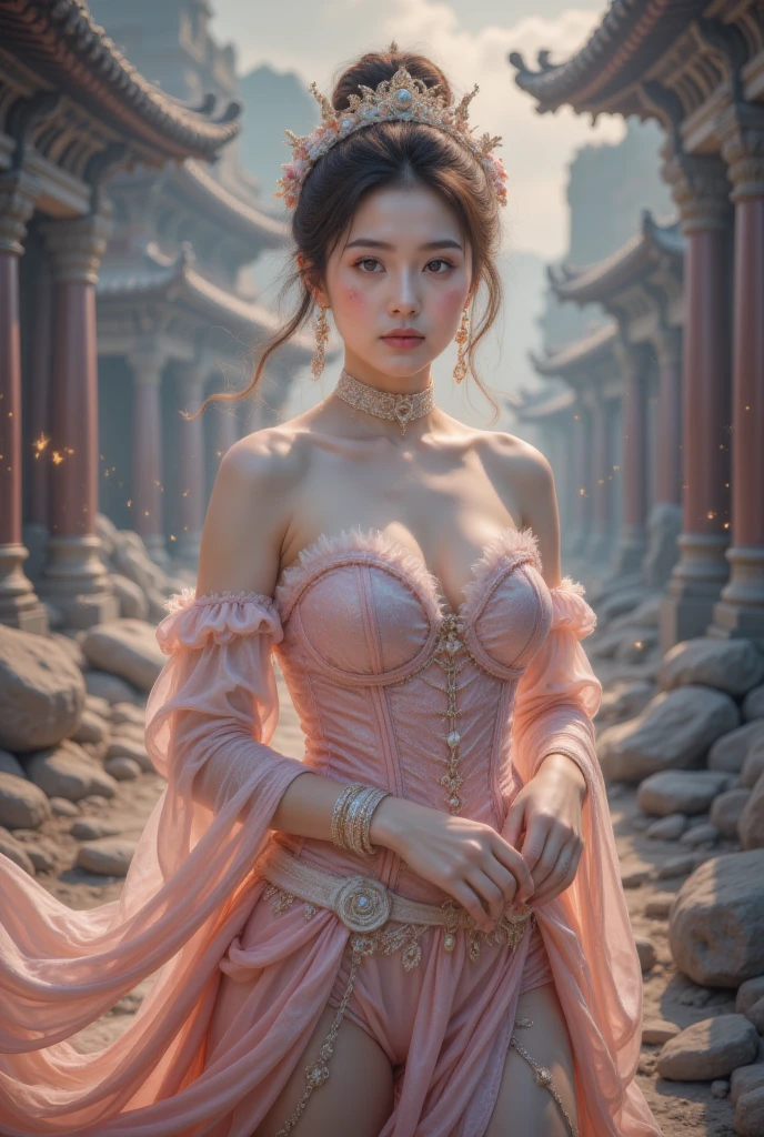 Ancient City Ruins/remnant of an ancient city/ Ancient City Ruins ，masterpiece,  is the best quality,  high resolution, 1 Girl,  Detailed Facial ,  blush,  Anime CG Style , ( medium breasts), (18-year-old girl),  Good lighting ,   perfect figure , Lips slightly parted, Sakuragi Koo ,  shiny lips, City Streets, strapless corset, choker, High socks